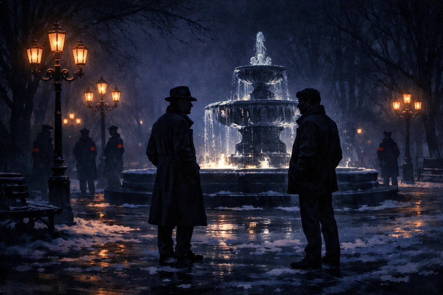 Two men meeting secretly in Gorky Park at night while Soviet patrols watch in shadows