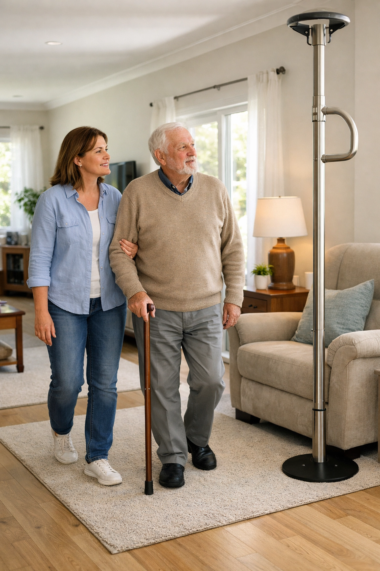 Senior and caregiver assessing a living room for fall safety, including clear paths and a transfer pole.