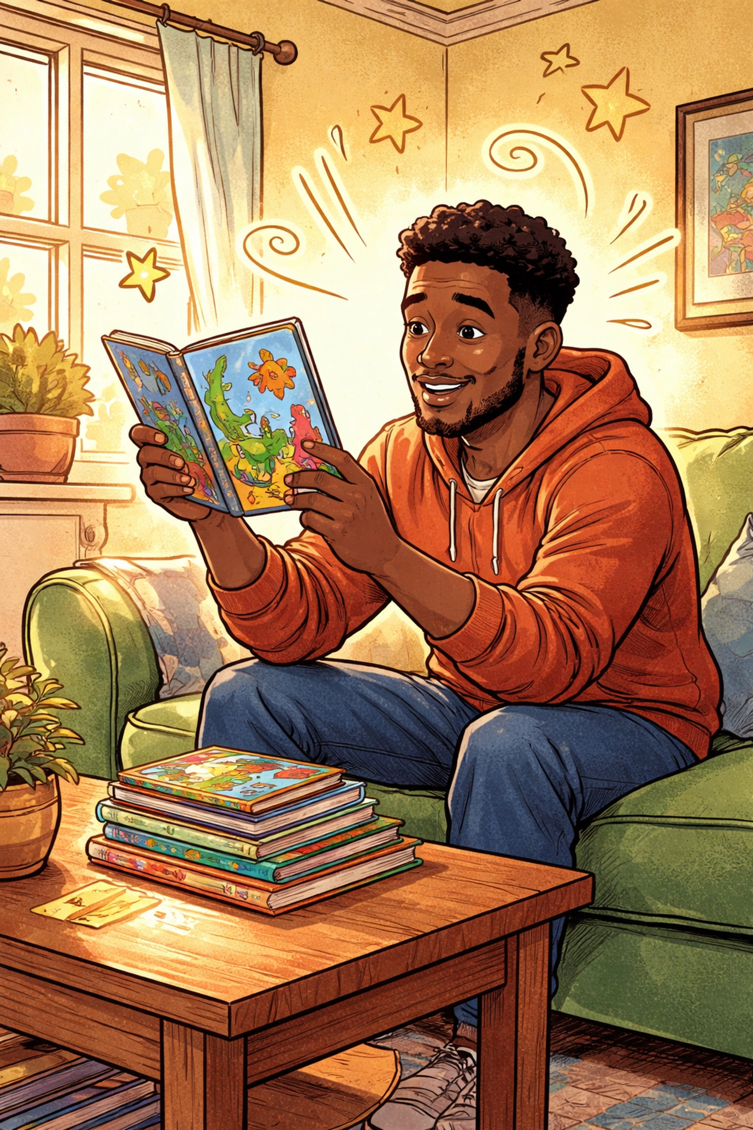 Black father choosing a children's book for a Read With Me video in a cheerful, family-friendly living room