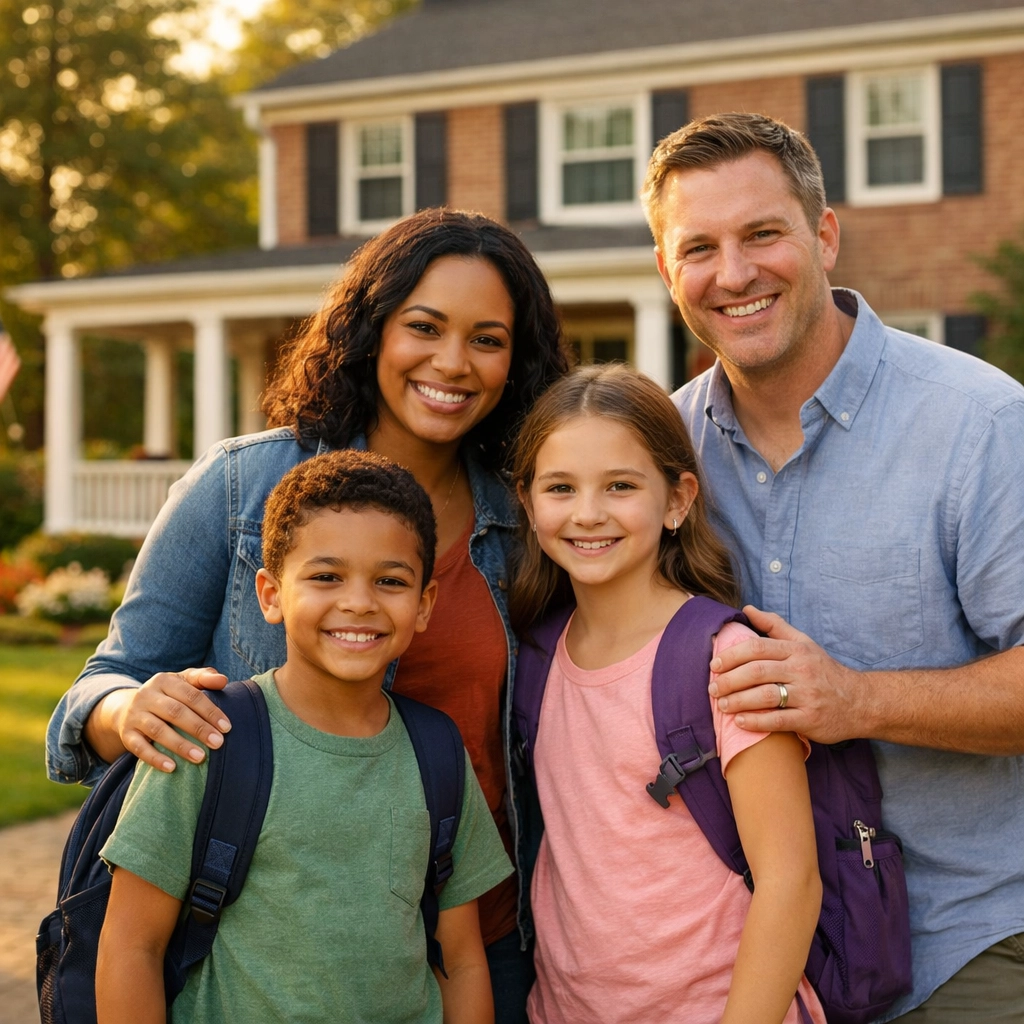 Family with school-age children at their new home in Prince William County Northern Virginia Family with school-age children at their new home in Prince William County Northern Virginia