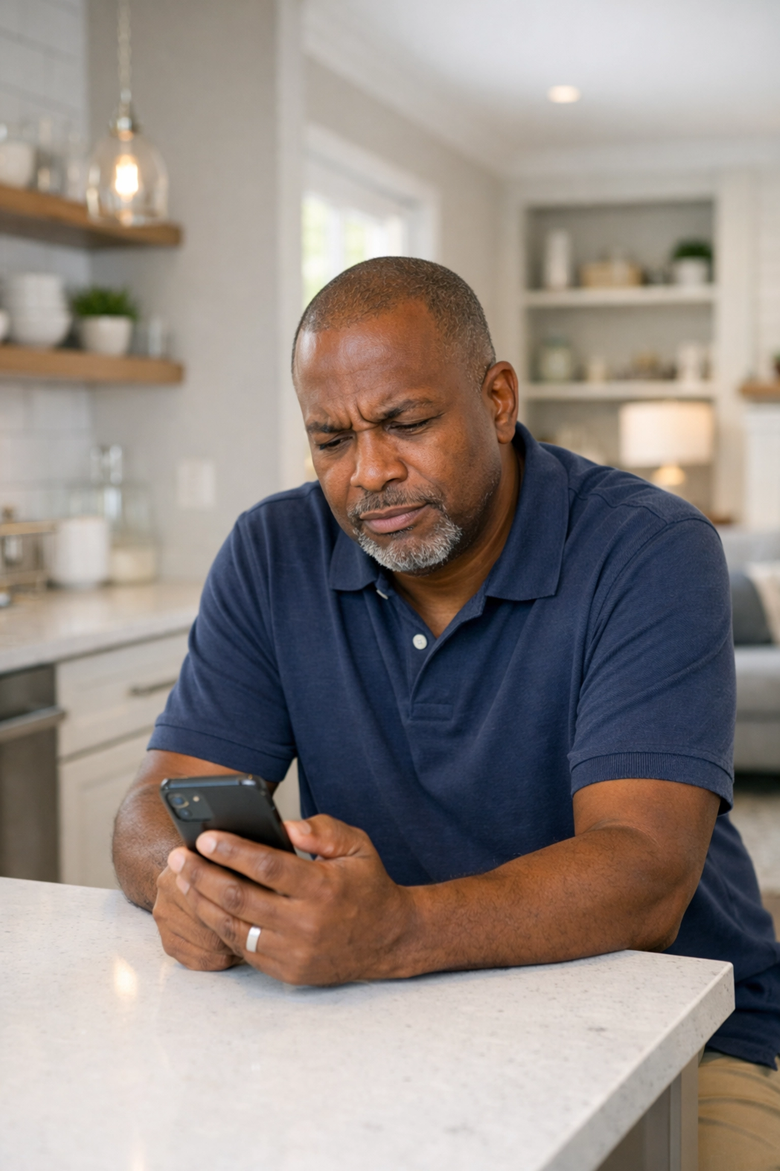 Frustrated homeowner in a Raleigh kitchen checking his phone for Triangle real estate updates.