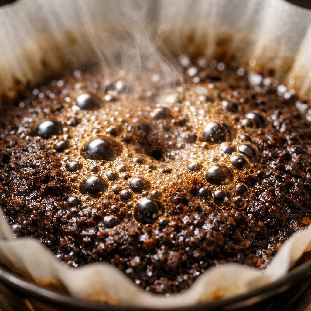 A close-up of fresh coffee grounds bubbling during the bloom stage of a pour over brew.