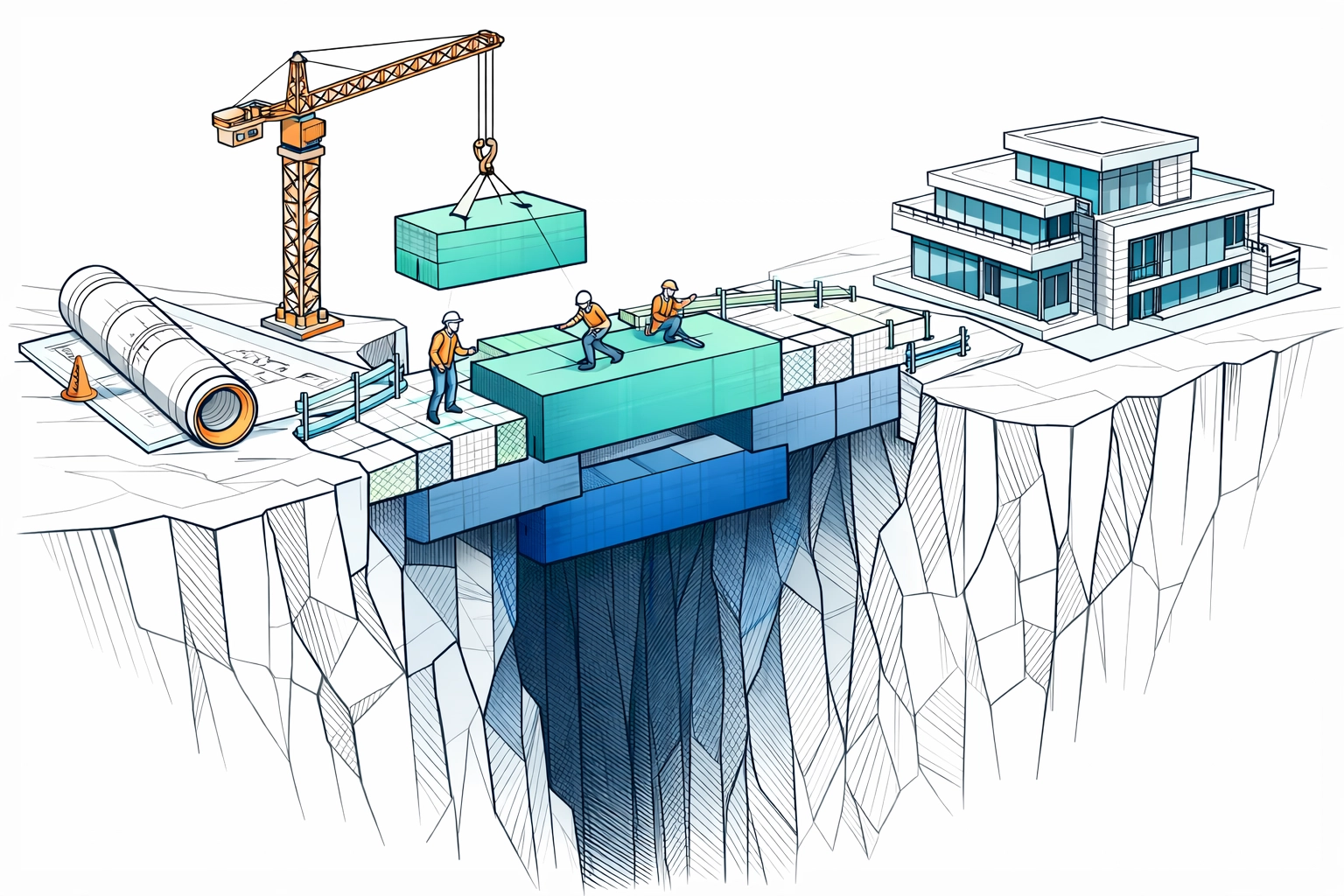 Technical illustration of a financial bridge representing project finance and working capital loans for construction.