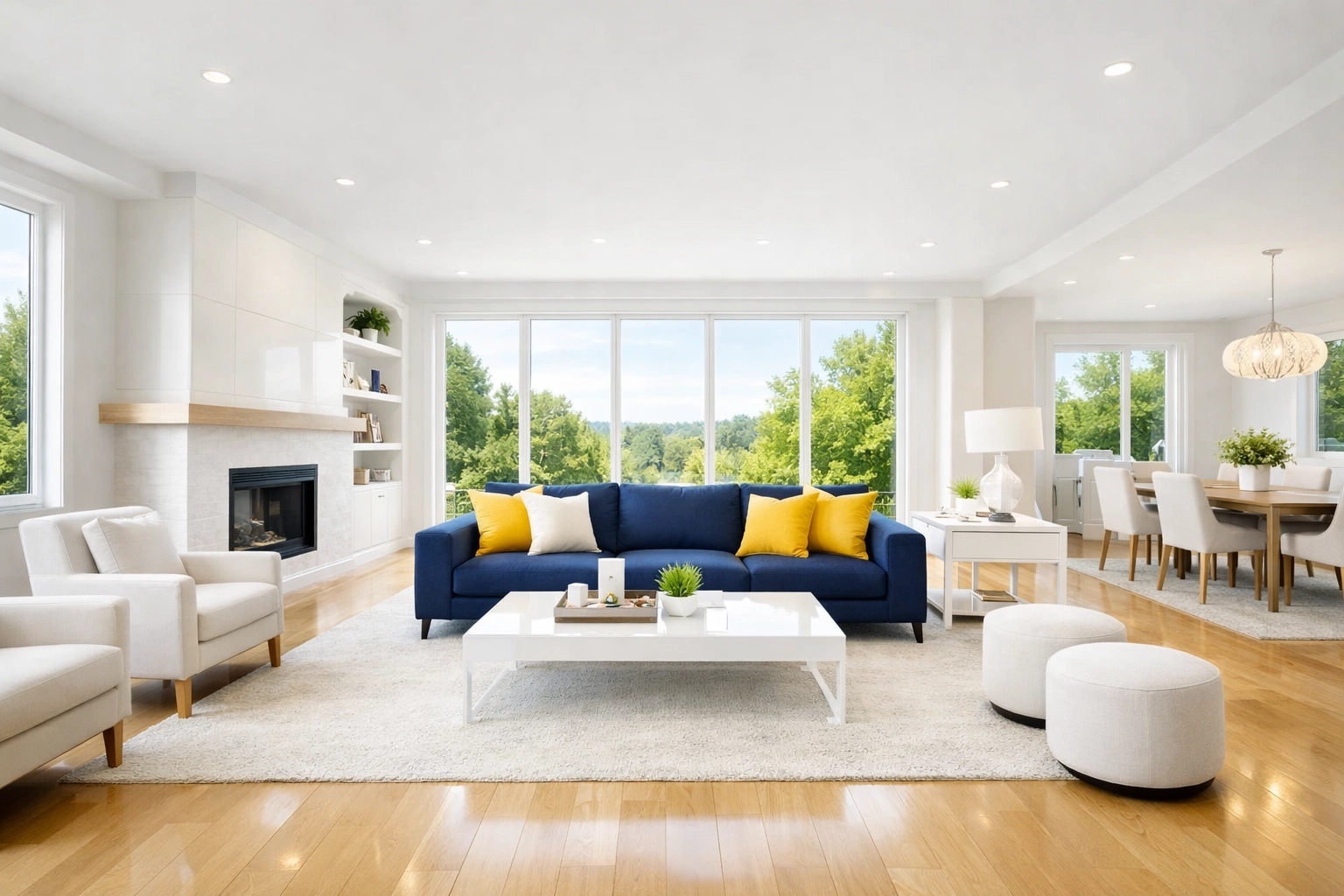 Pristine, professionally cleaned living room showing the results of expert post-construction cleaning.