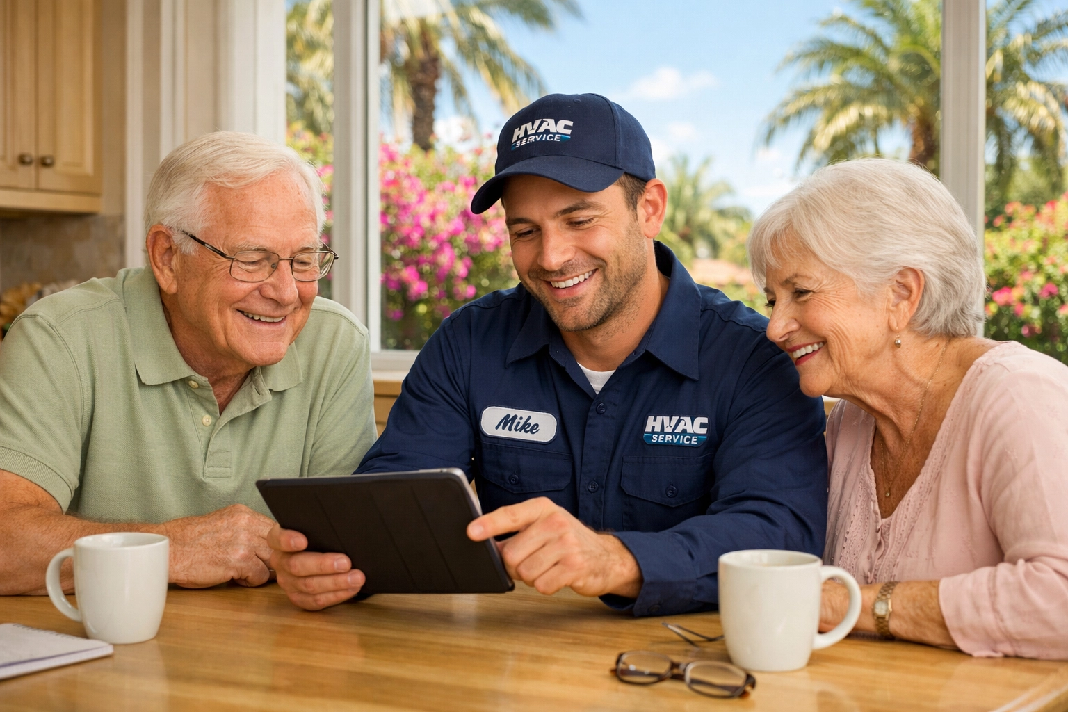 Honest HVAC technician explaining AC repair options to a senior couple in Lee County.