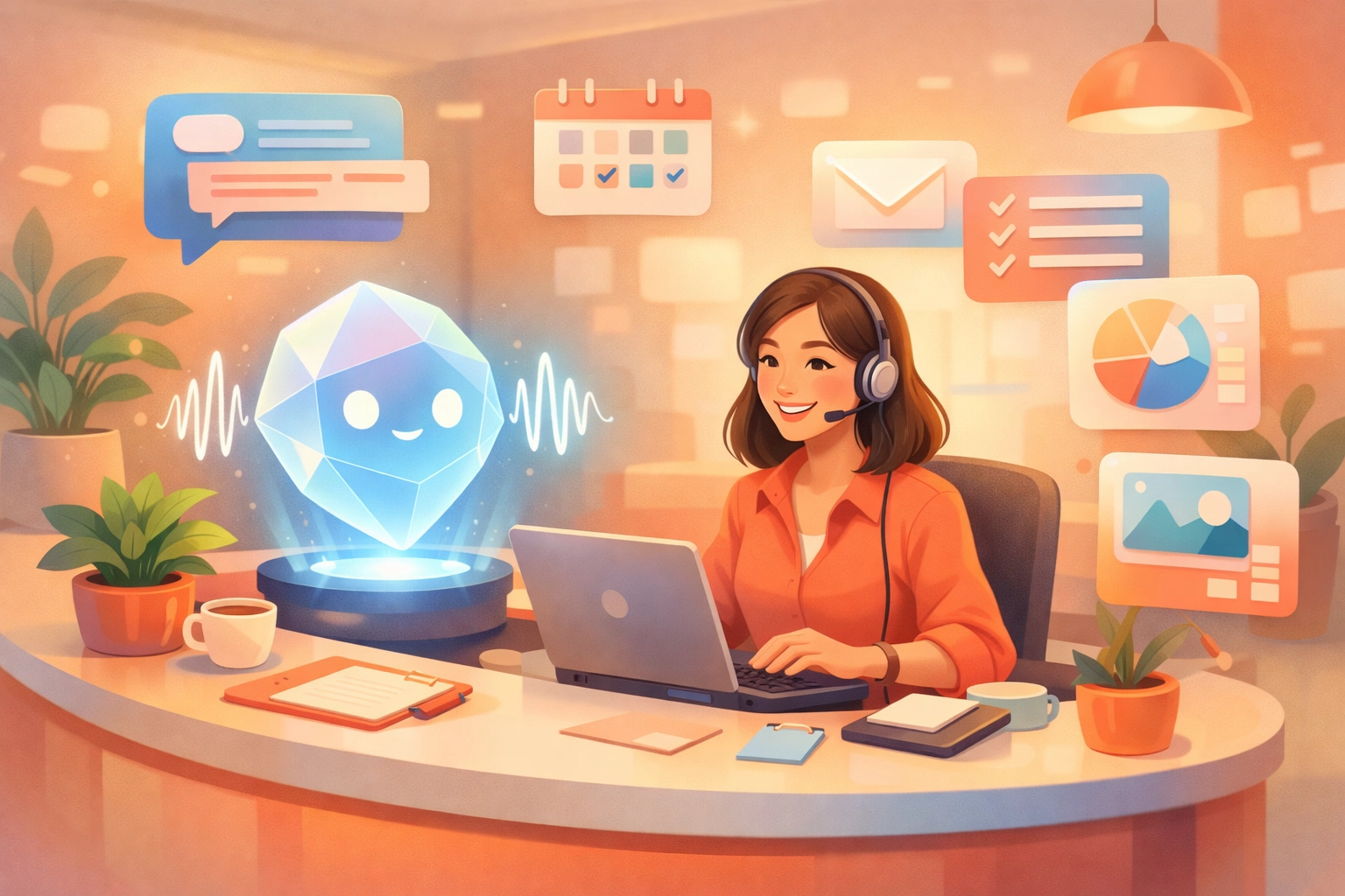 Law firm receptionist collaborating with AI virtual receptionist at modern desk