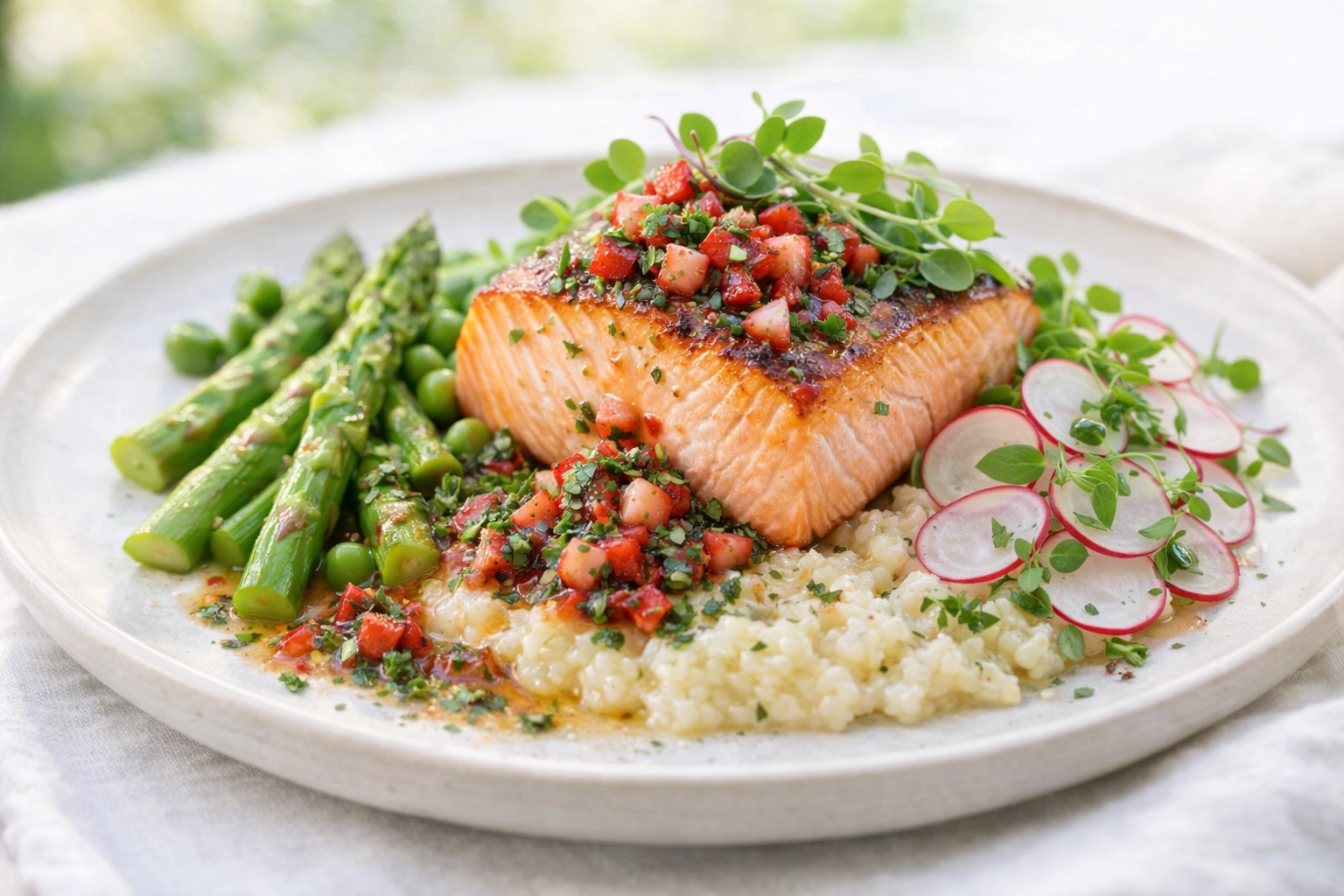 Spring Southern-PNW fusion dish: seared local salmon with asparagus, shaved radishes, and bright seasonal garnish served alongside creamy Southern grits.