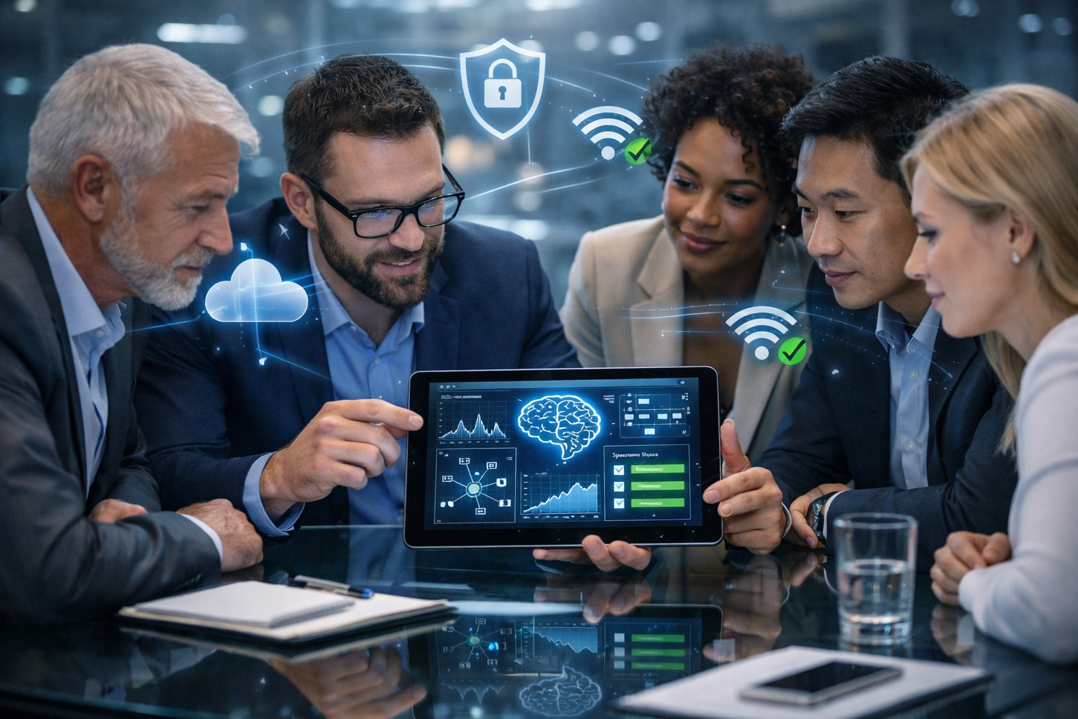 Business leaders collaborating with a consultant on AI-driven security and managed IT strategies.