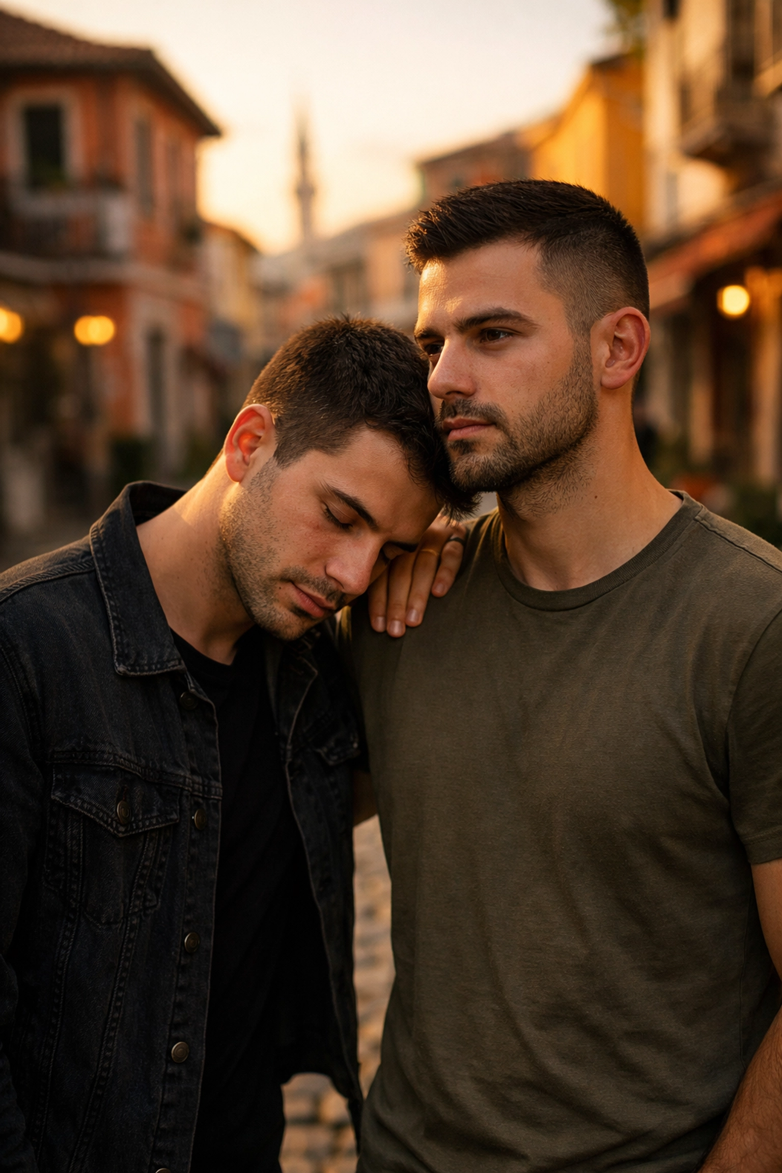 Two gay men supporting each other on a street in Tirana, Albania