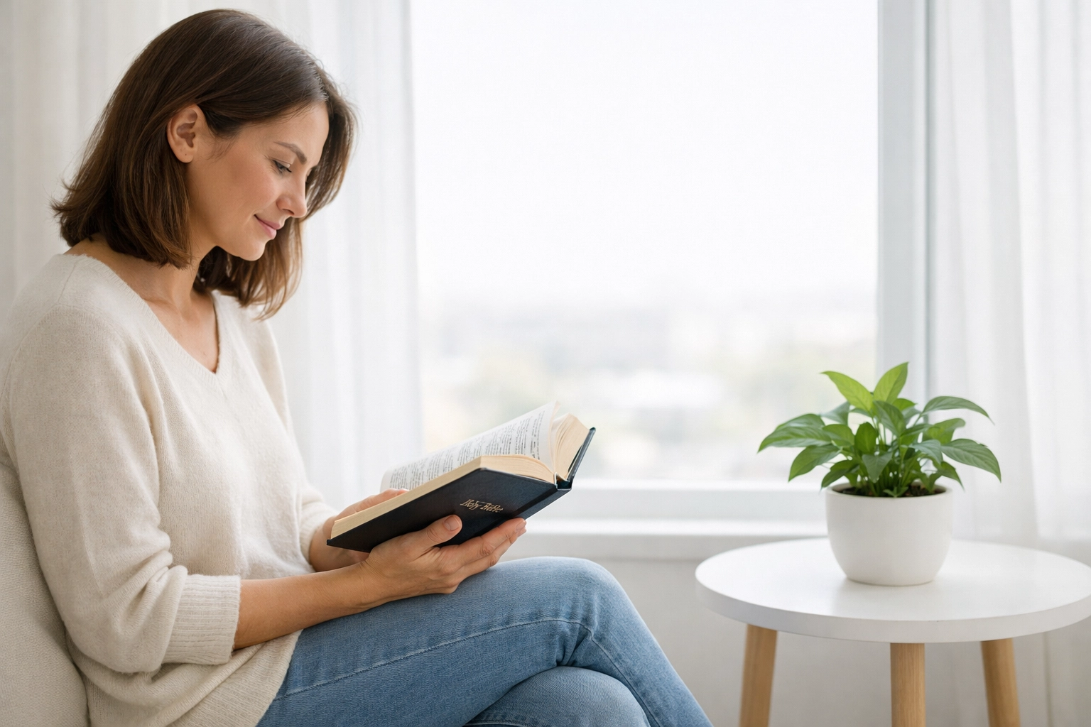 A person engaging in quiet personal devotion by a sunny window reading the Holy Bible.