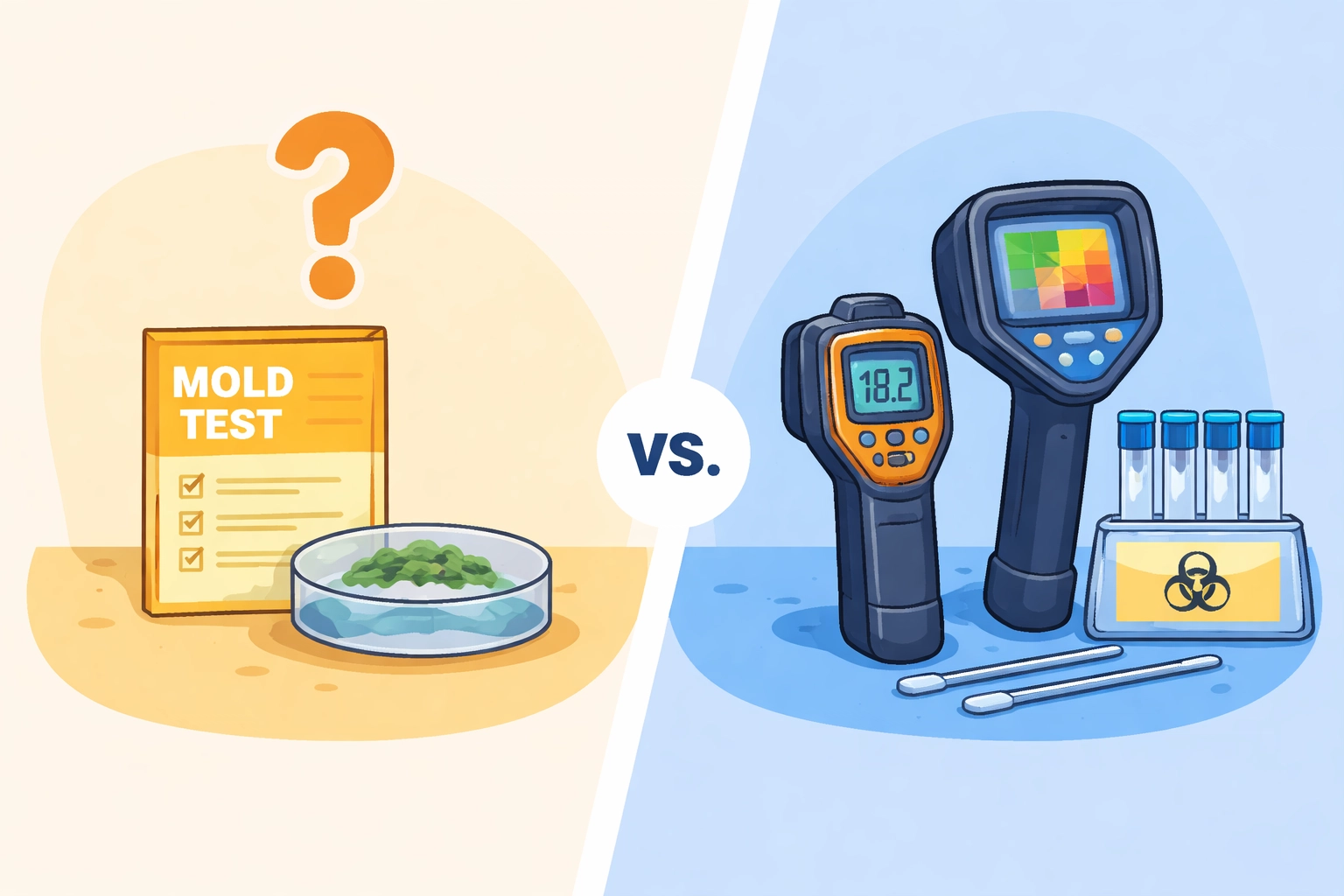 Split-screen image comparing DIY mold test kits and professional mold inspection tools for accurate mold detection.