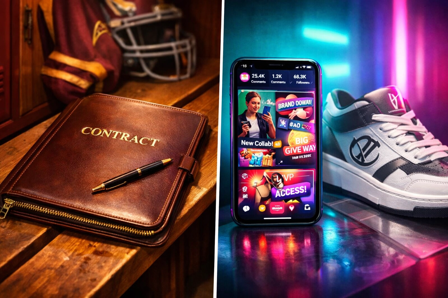 A split view of a school contract folder and a smartphone showing NIL brand deals for athletes.