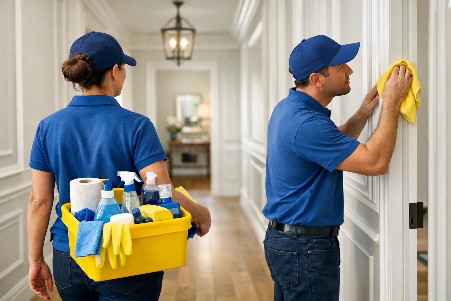 Professional cleaners providing a deep cleaning service for a residential home in Leominster, Massachusetts.