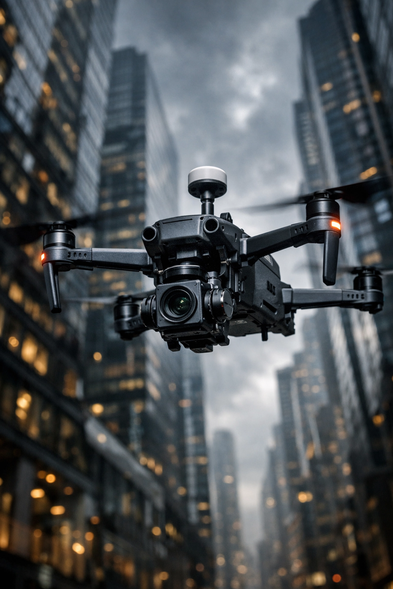 Professional RTK drone flying near urban skyscrapers for high-accuracy construction site data collection