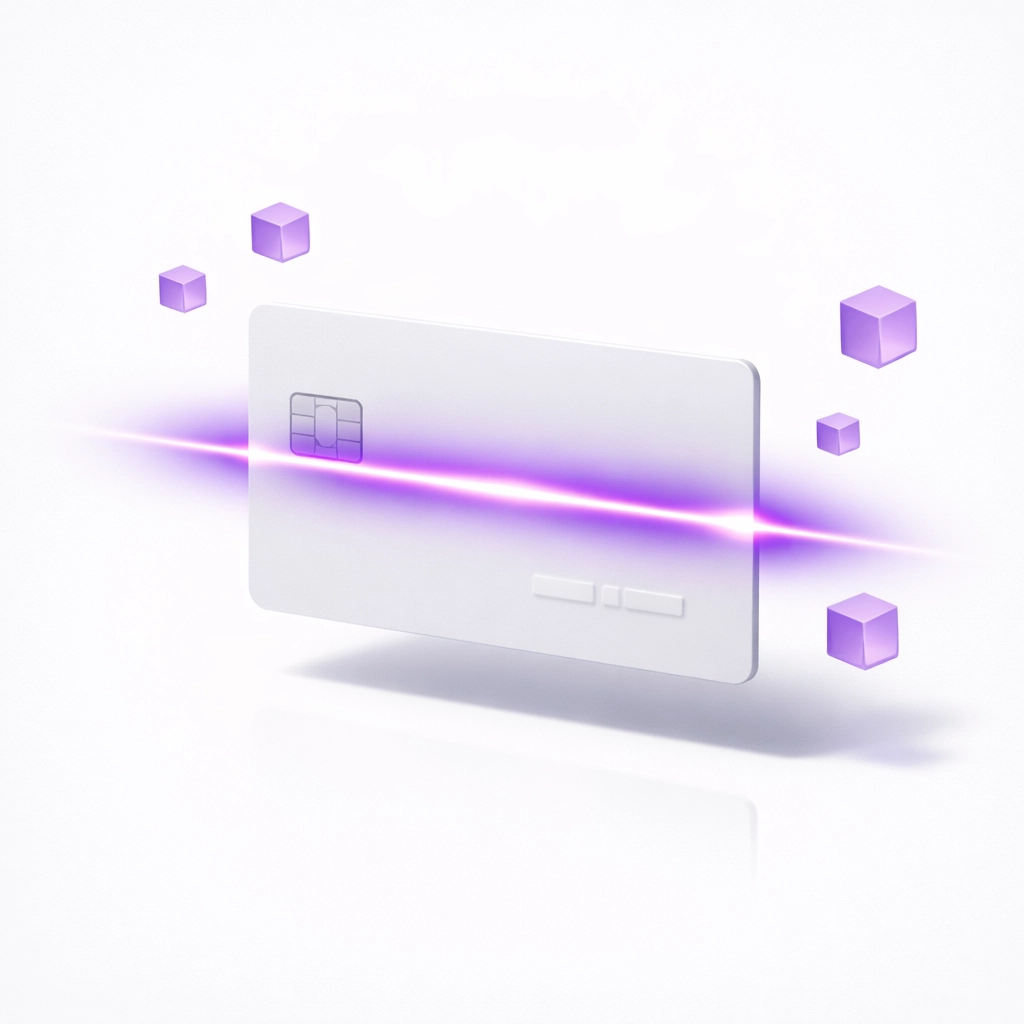 Digital scanning of a bank card representing AI bookkeeping automation and transaction matching.