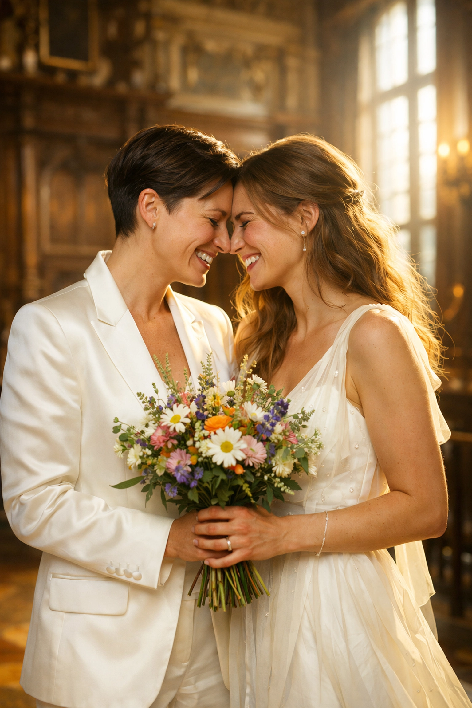 Lesbian couple celebrating their wedding in Amsterdam, commemorating the first legal marriage equality.