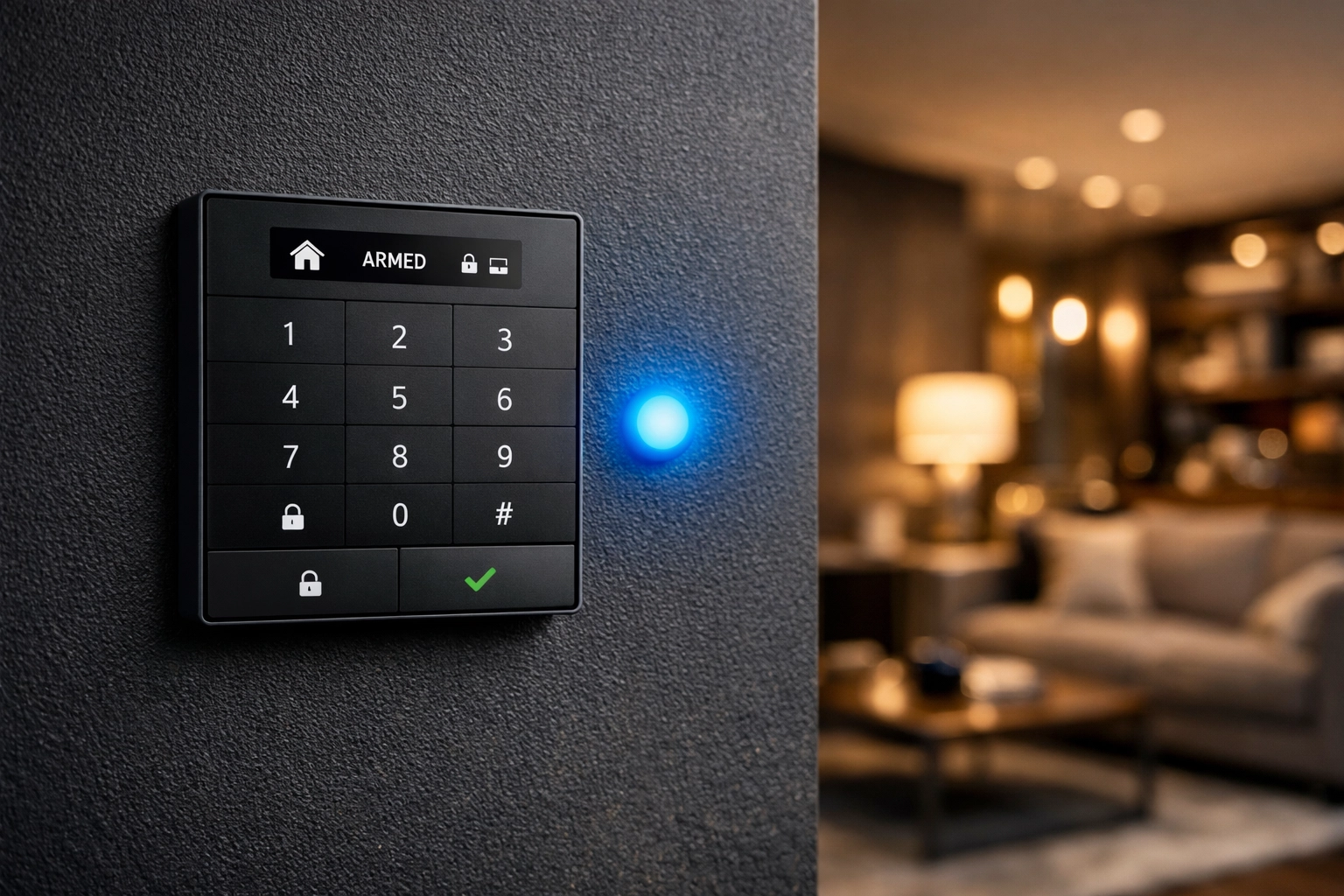Modern smart alarm system keypad installed in a luxury Cardiff home for professional intruder protection.