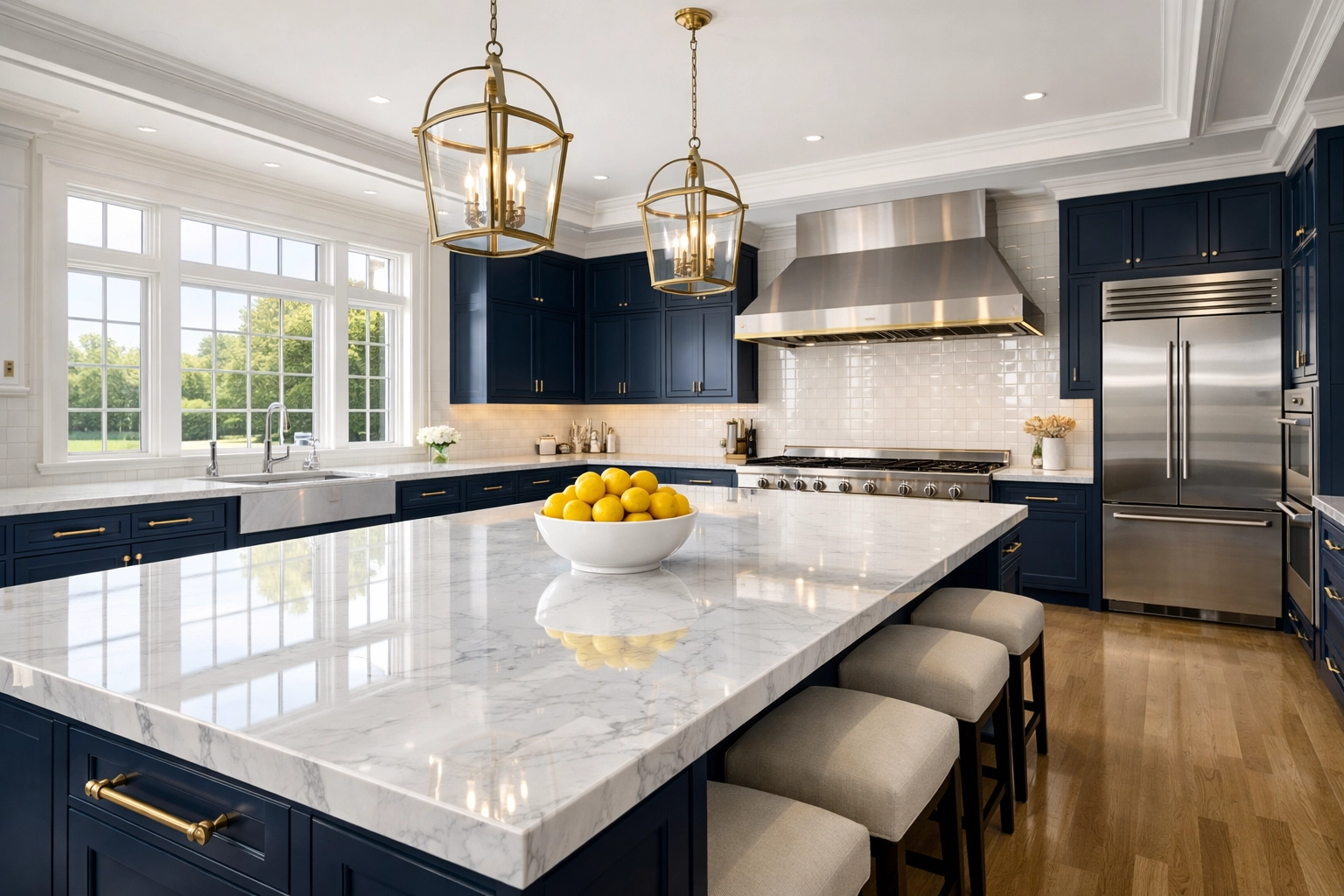 Pristine luxury kitchen in Dover with white marble and navy cabinets after residential cleaning Massachusetts.
