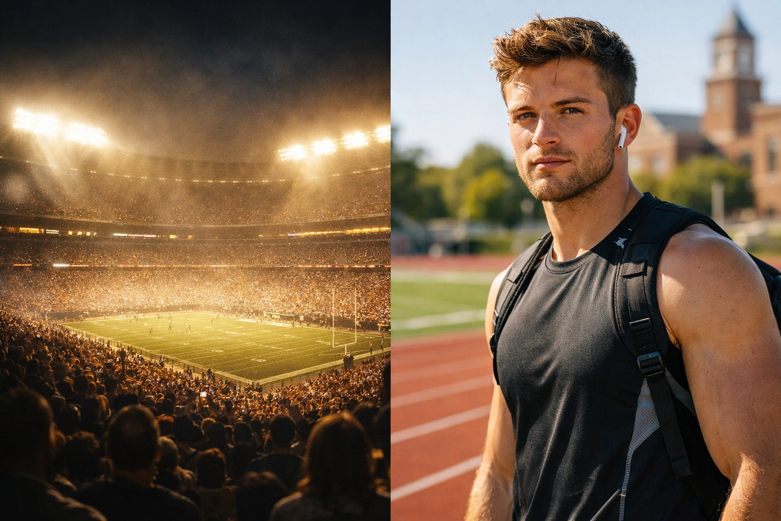 Comparison of a massive football stadium and a student-athlete, illustrating Super Bowl ROI versus NIL impact.