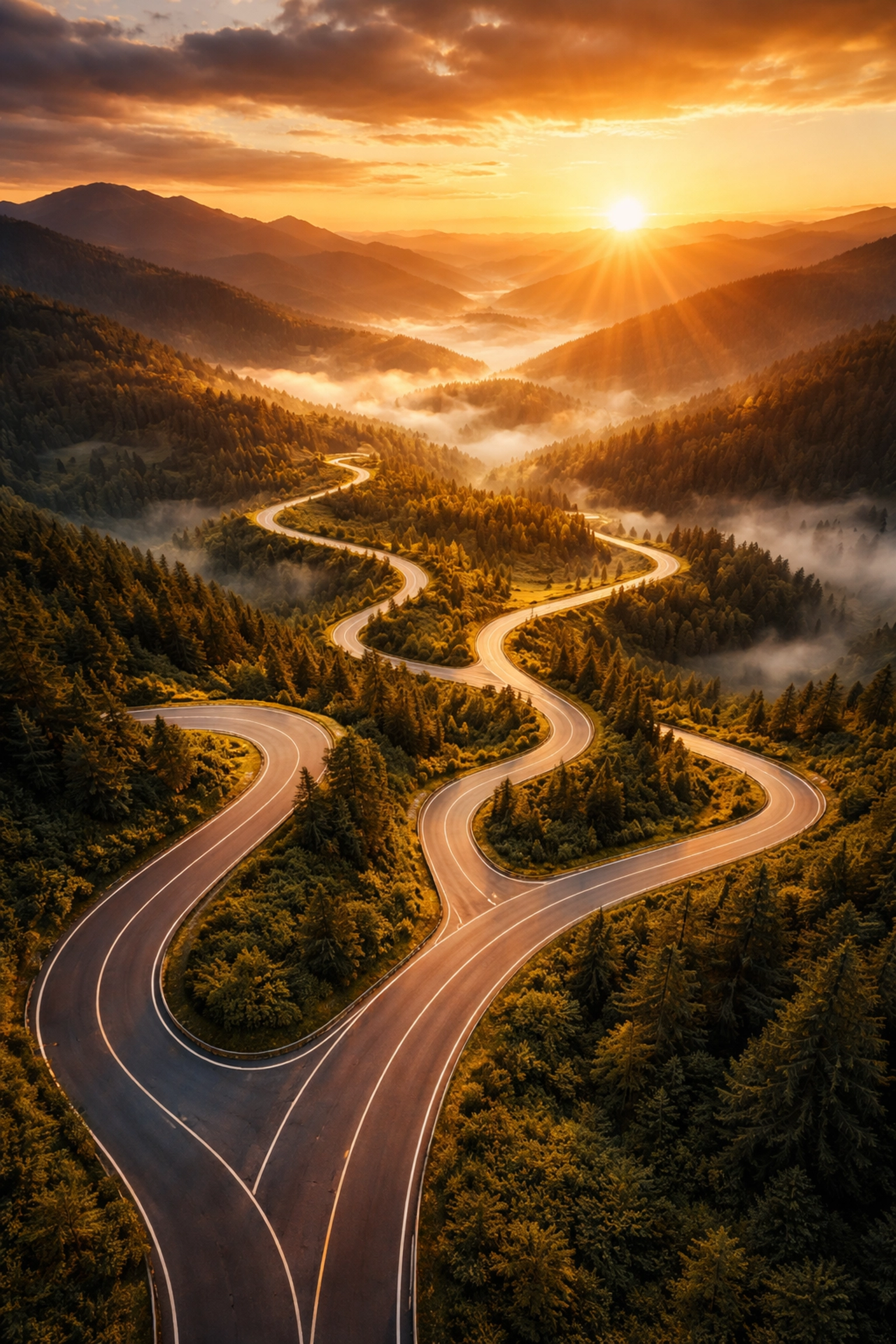 A winding mountain road at sunset represents strategic private equity diversification and long-term investment planning