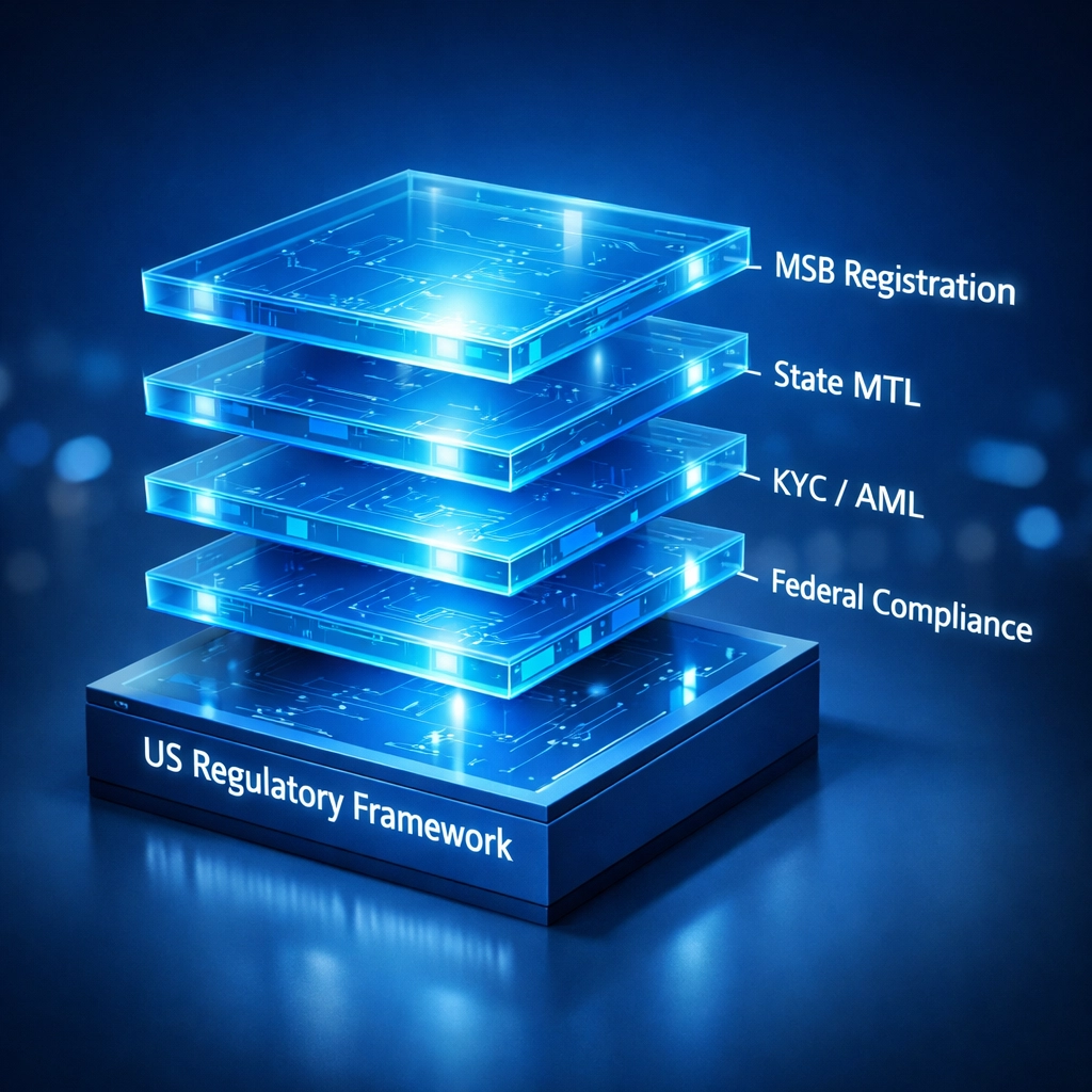 Crypto payment compliance infrastructure with MSB registration and MTL licensing layers
