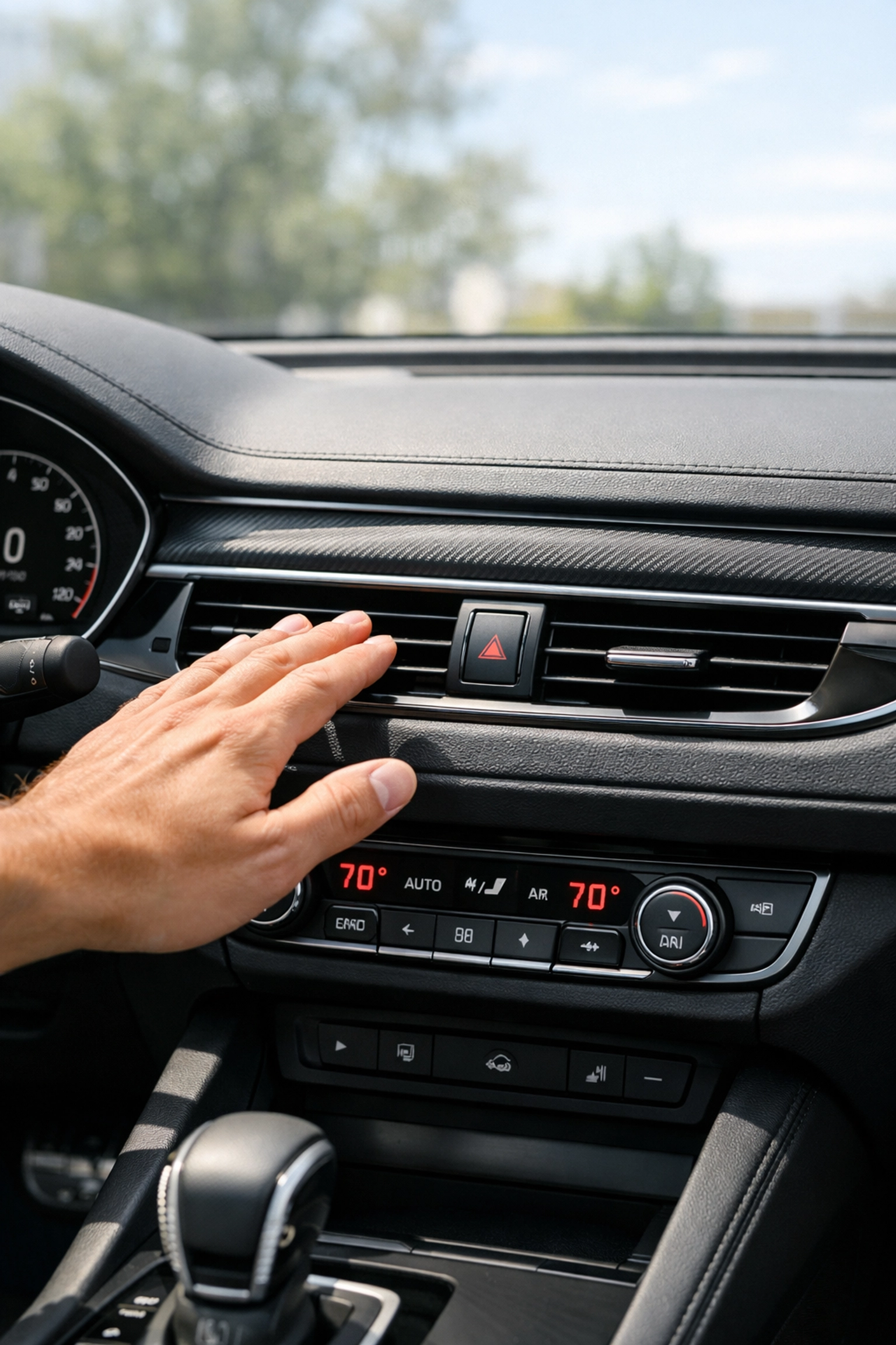 Testing the air temperature from dashboard vents to see if car AC repair is needed in Aliso Viejo.