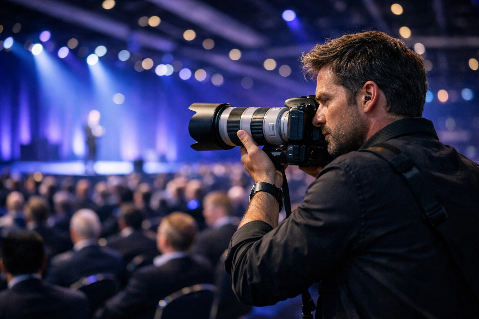 Professional event photographer capturing a keynote speech at a major Chicago corporate conference.