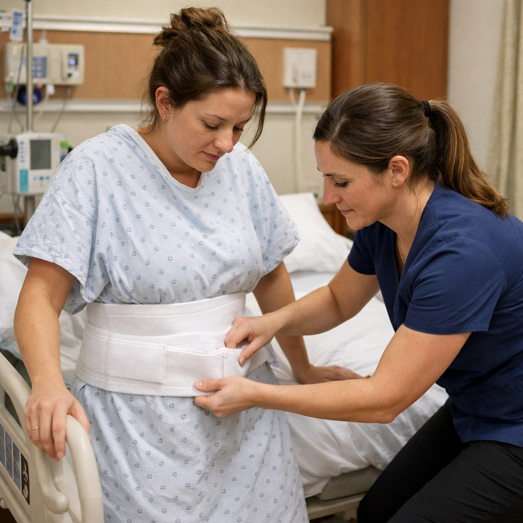 The physical therapist is helping the patient with her abdominal binder.