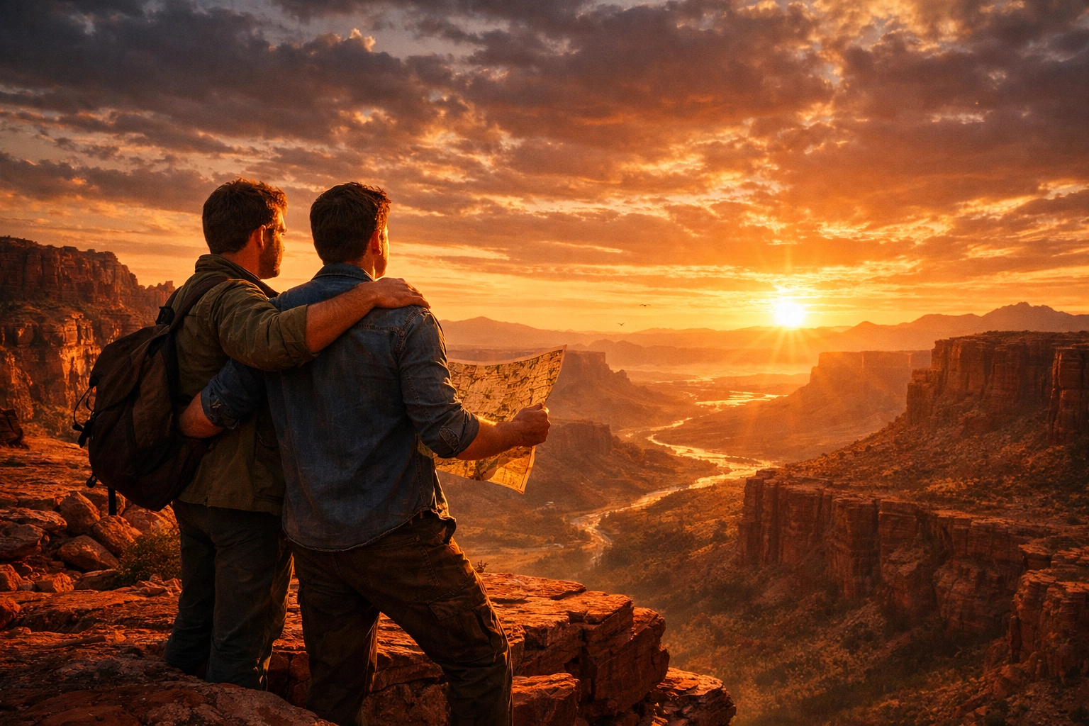 Two men looking toward the horizon at sunset, symbolizing the adventurous future of gay romance books.