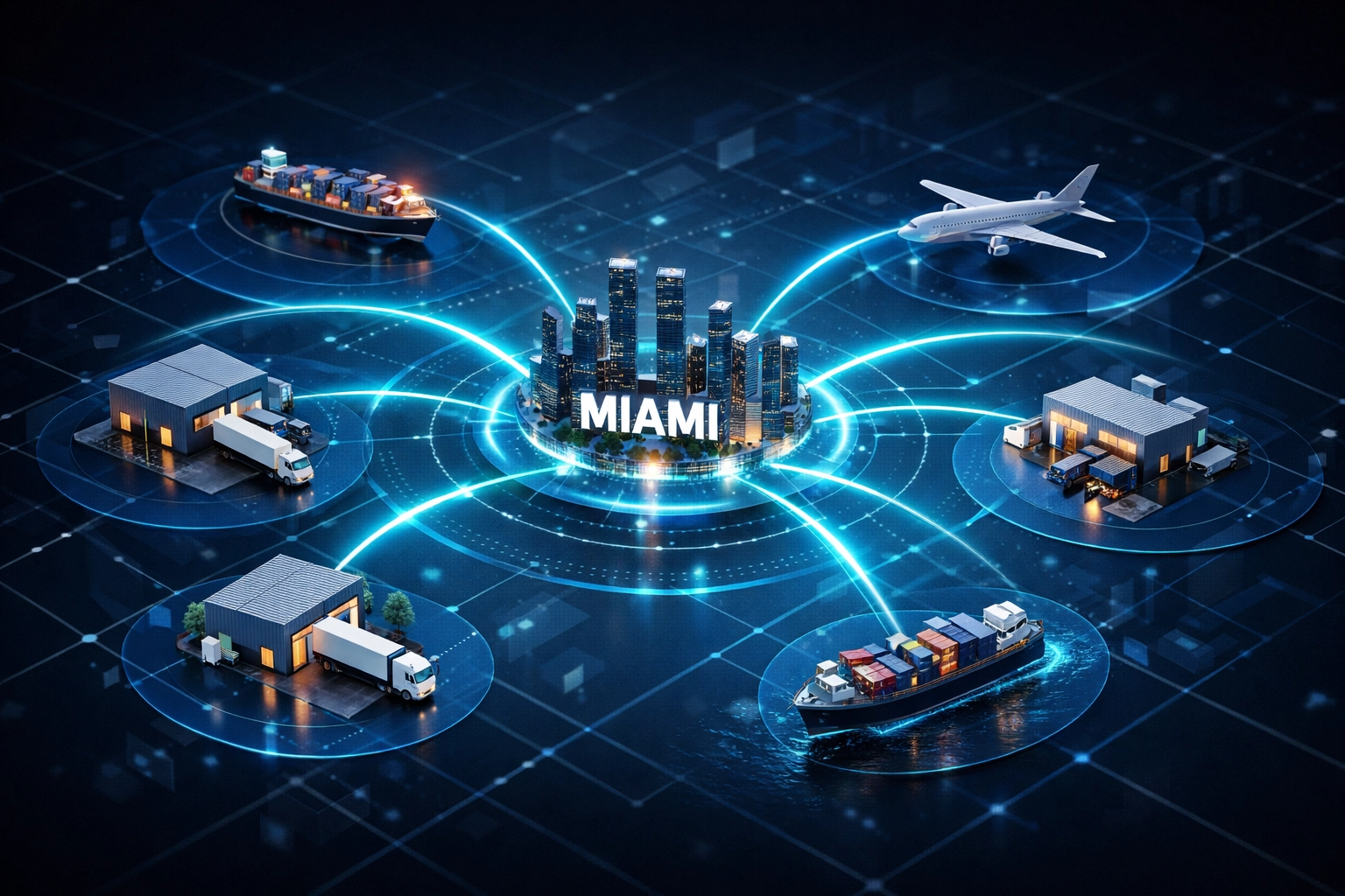 Integrated supply chain network connecting Miami logistics hub to freight and warehousing services