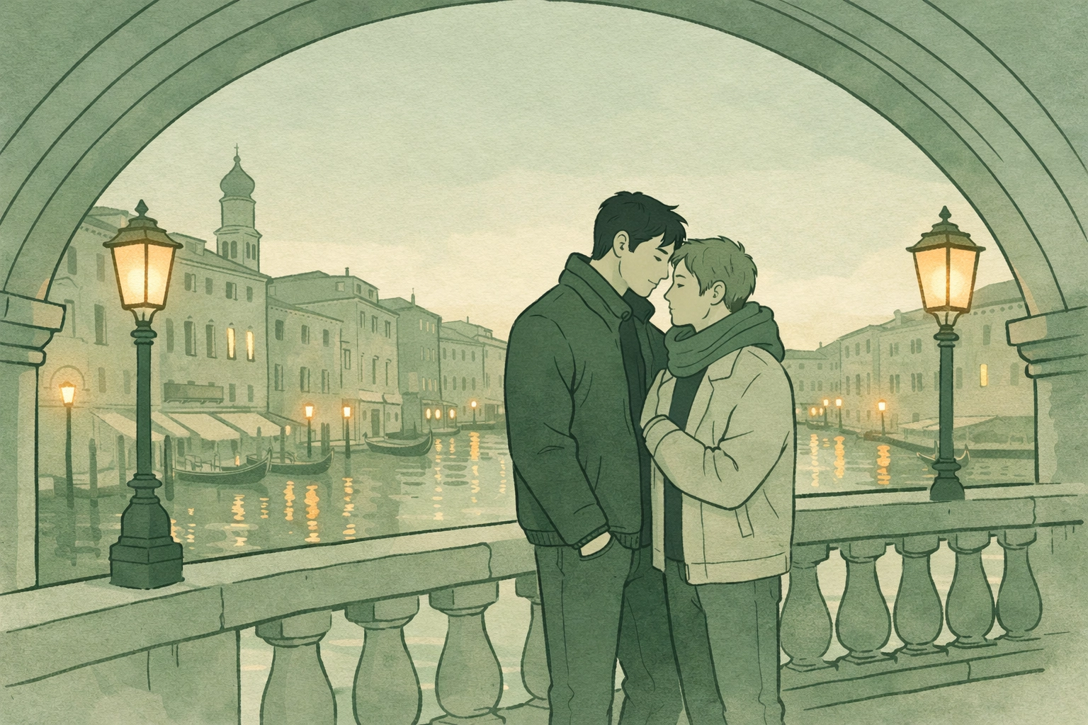 Gay couple on Rialto Bridge Venice - MM romance second chance love story setting