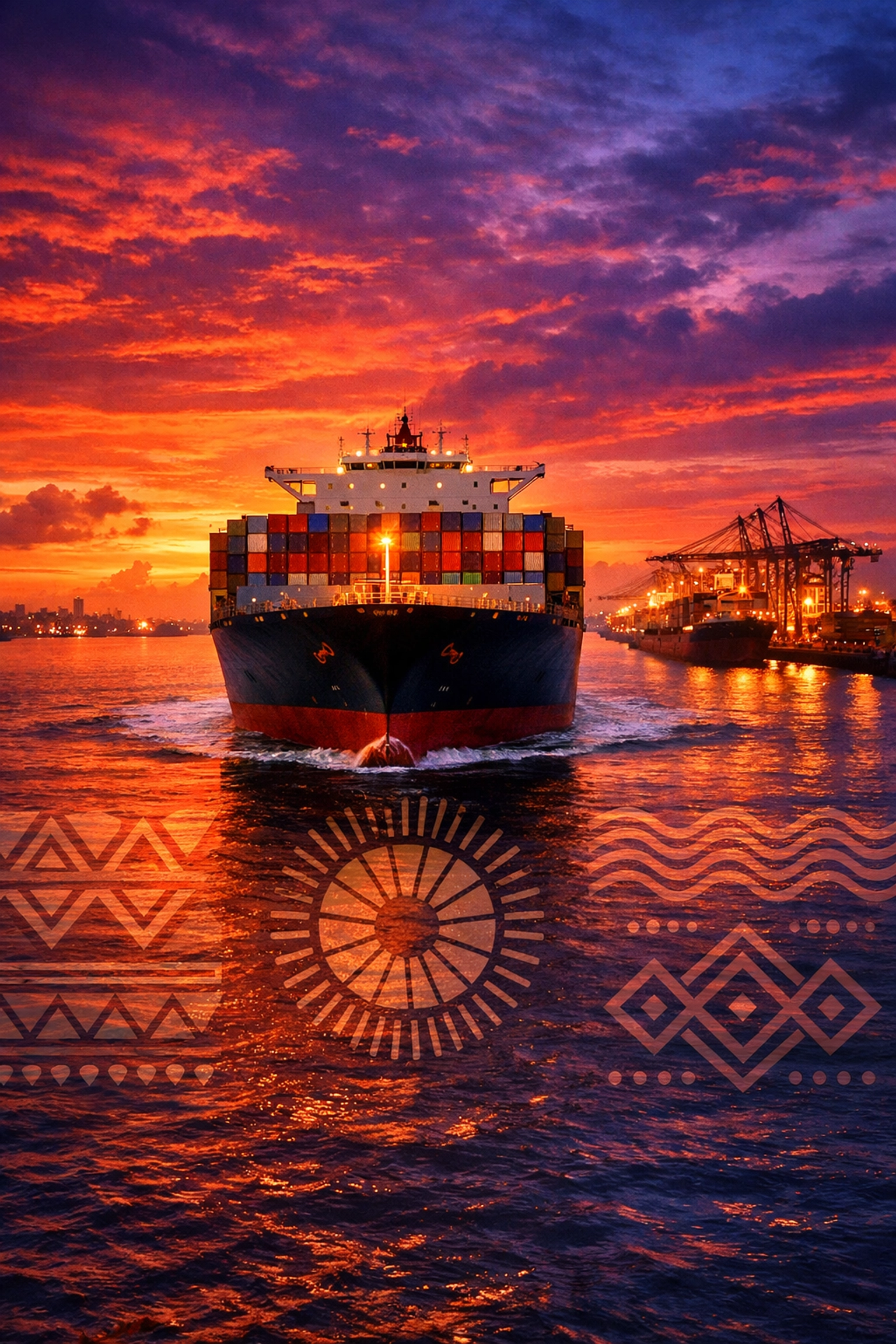 A large cargo ship arriving at a West African port, highlighting PSI Global Logistics' shipping routes to Nigeria.