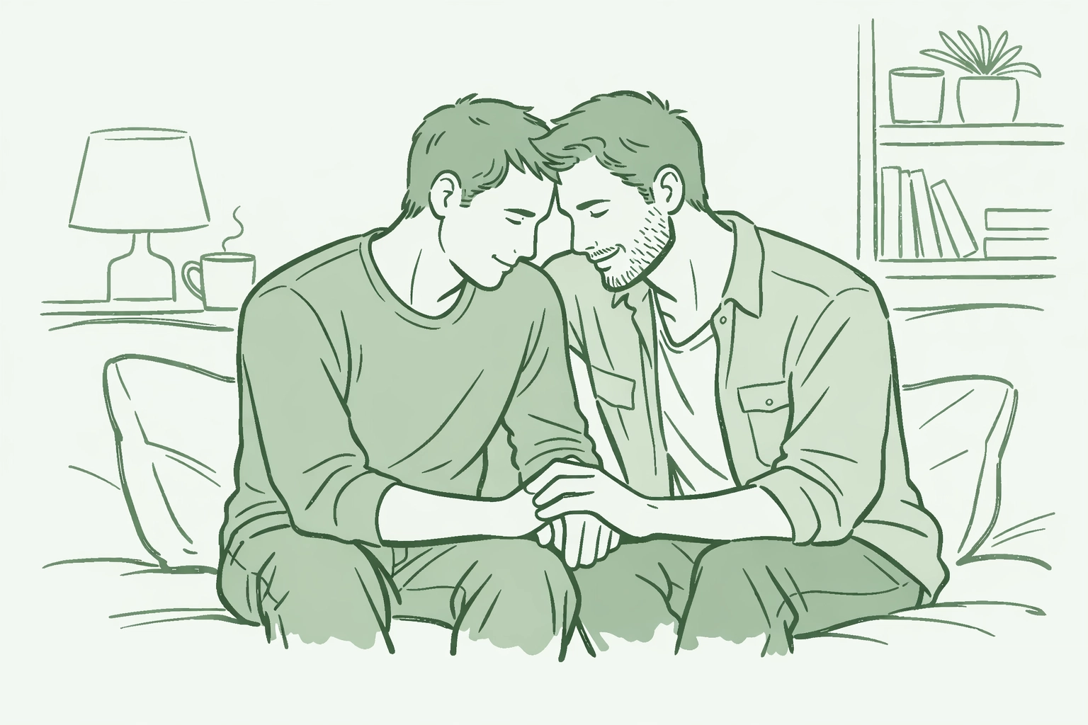 Two men holding hands on couch in intimate first-time conversation about same-sex relationship