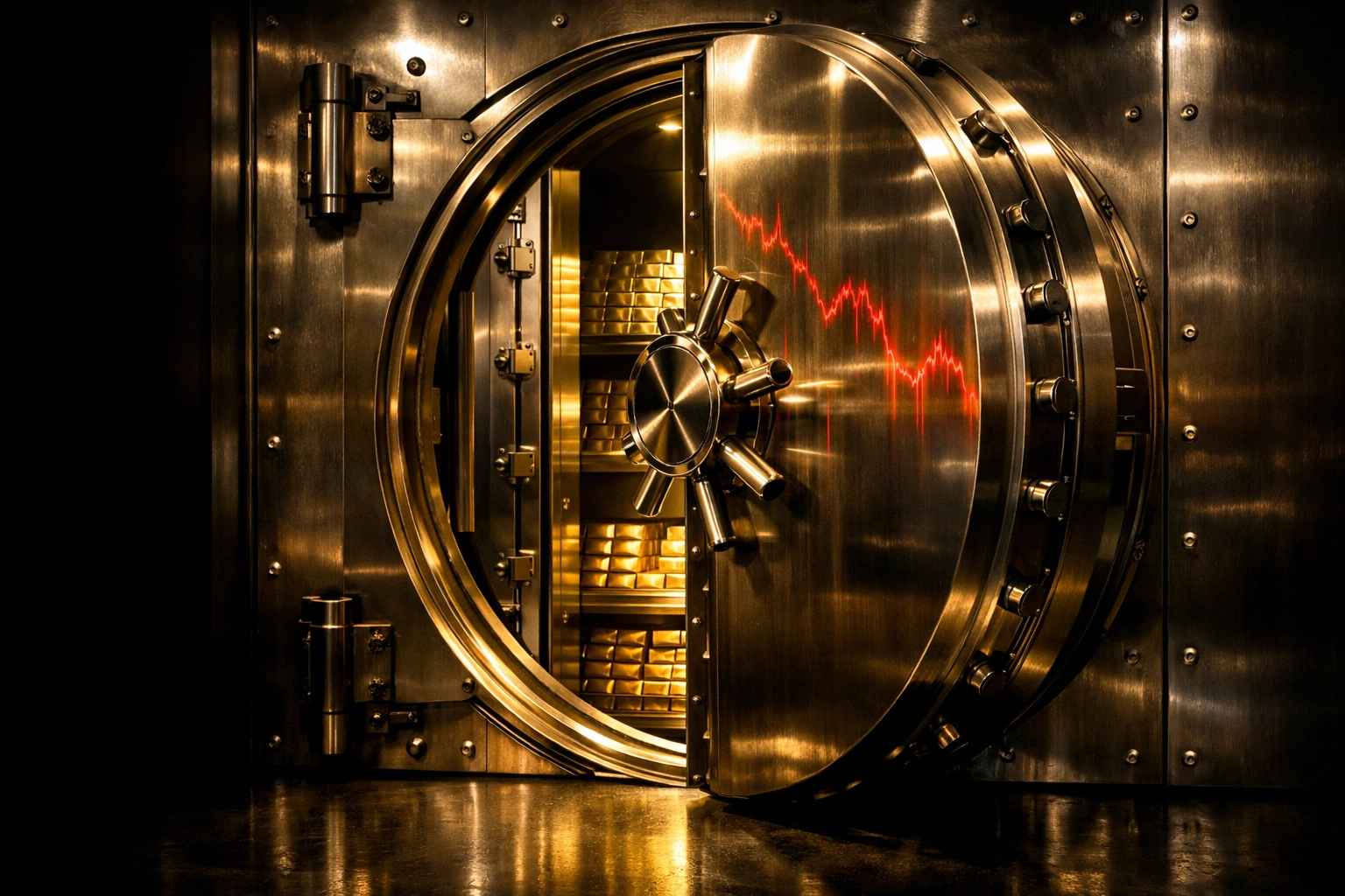Gold vault door with gold bars inside under dramatic lighting
