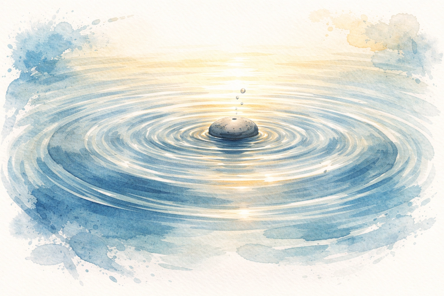 Hand-drawn stone creating ripples in water, illustrating how small moments of kindness can have far-reaching effects.