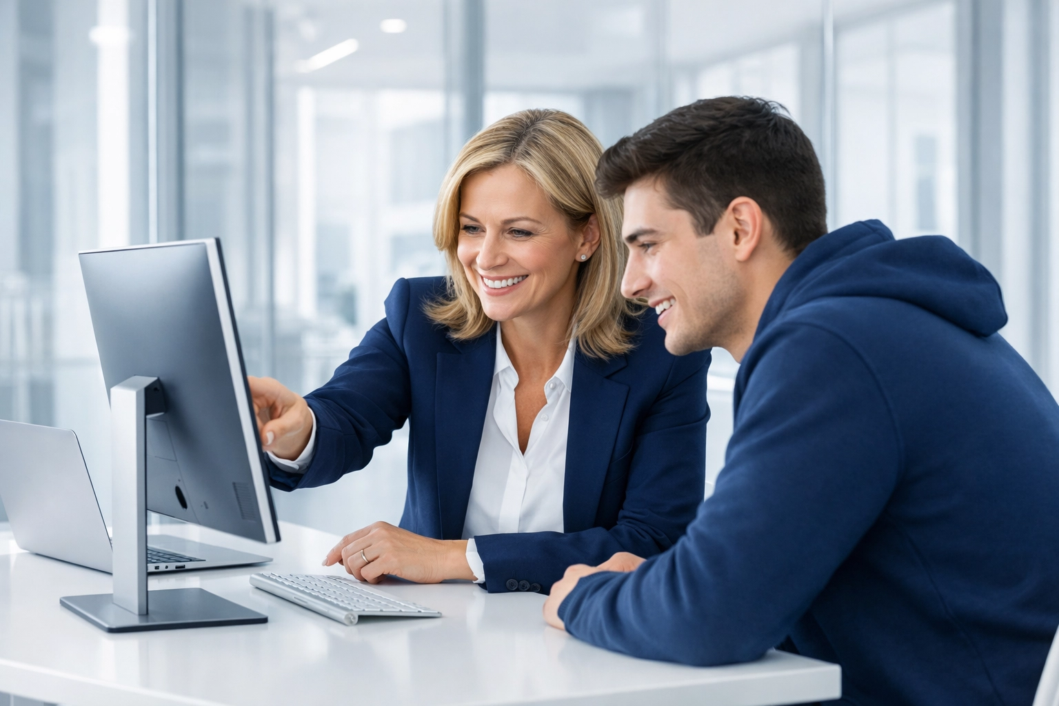Academic counselor and student reviewing enrollment documents with back office outsourcing services support.