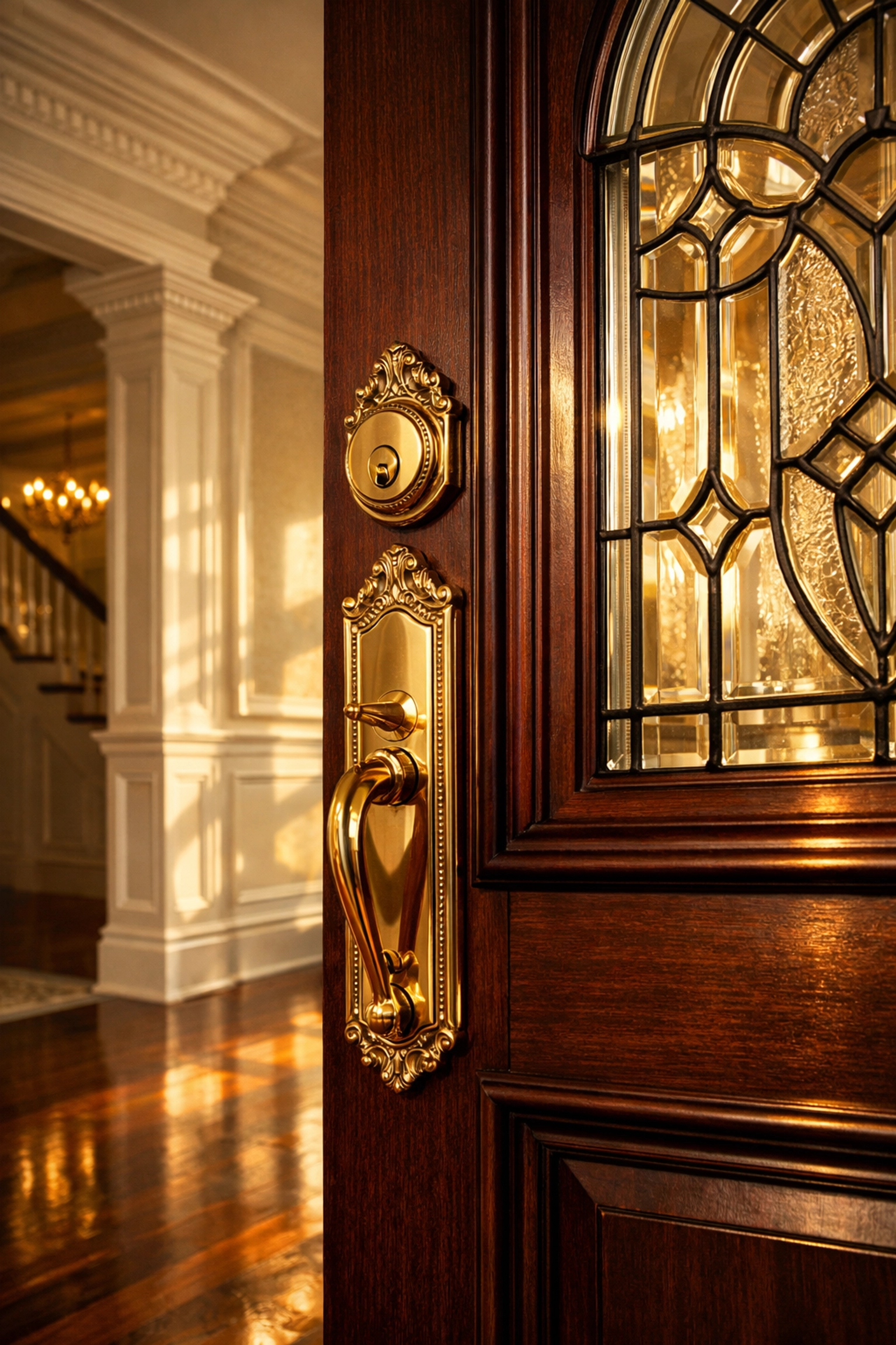 Traditional foyer with mahogany entry door, ornate crown molding, and polished Emtek brass hardware.