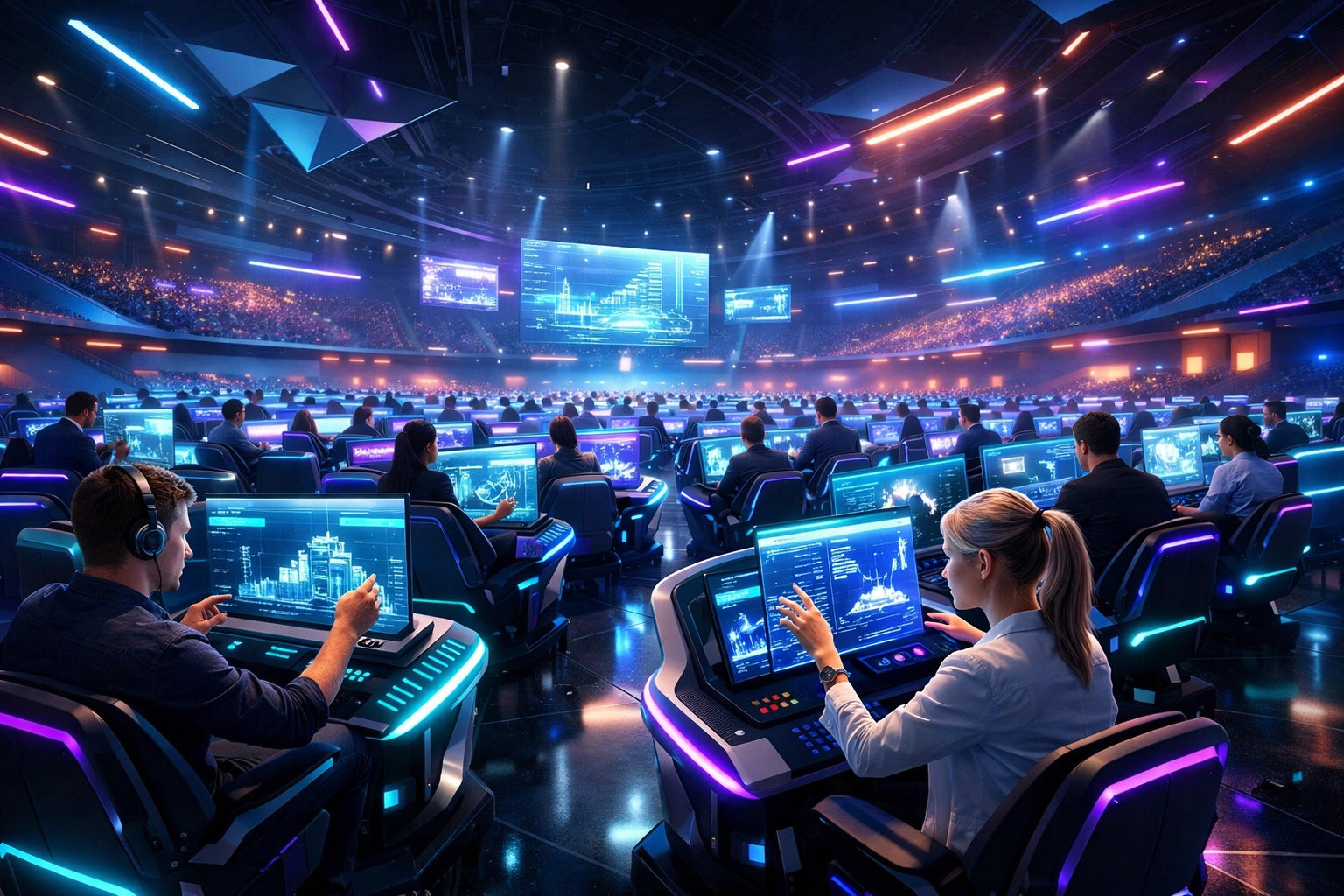 A workforce training facility with neon-lit simulation pods for esports-driven talent development.