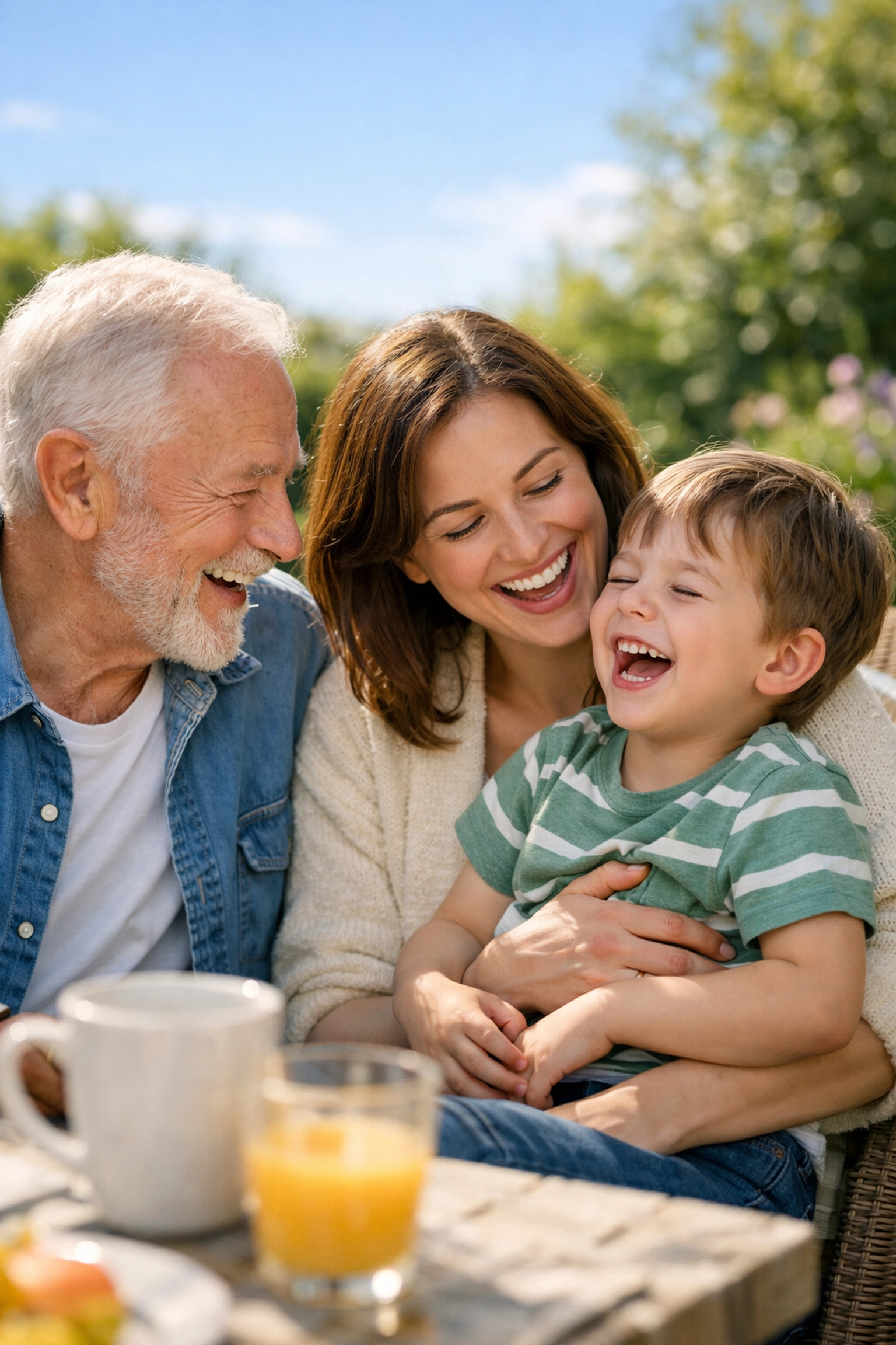 Multi-generational family laughing on a sunlit patio, symbolizing a secure financial legacy for the future.