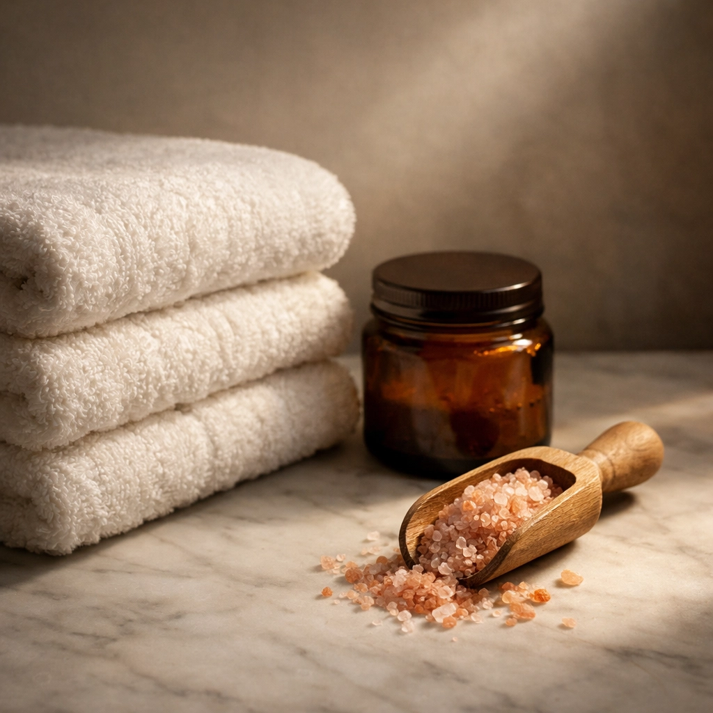 Physical recovery essentials for new moms including soft cotton towels and healing bath salts.