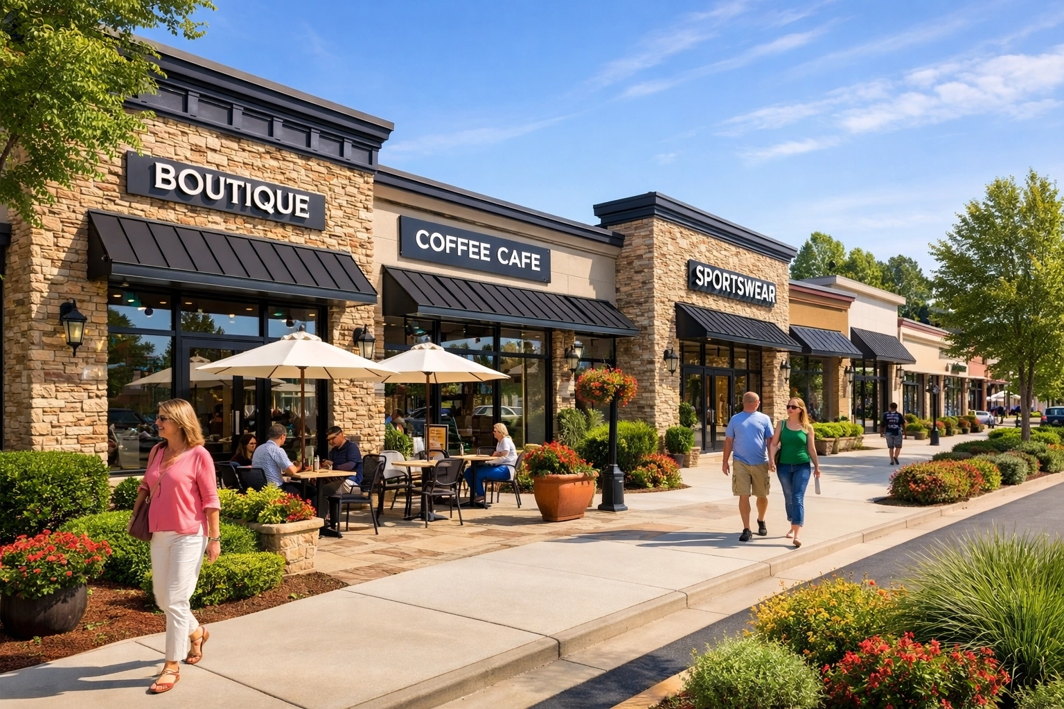 High-end retail strip center in suburban Atlanta featuring stone facades and service-based storefronts.