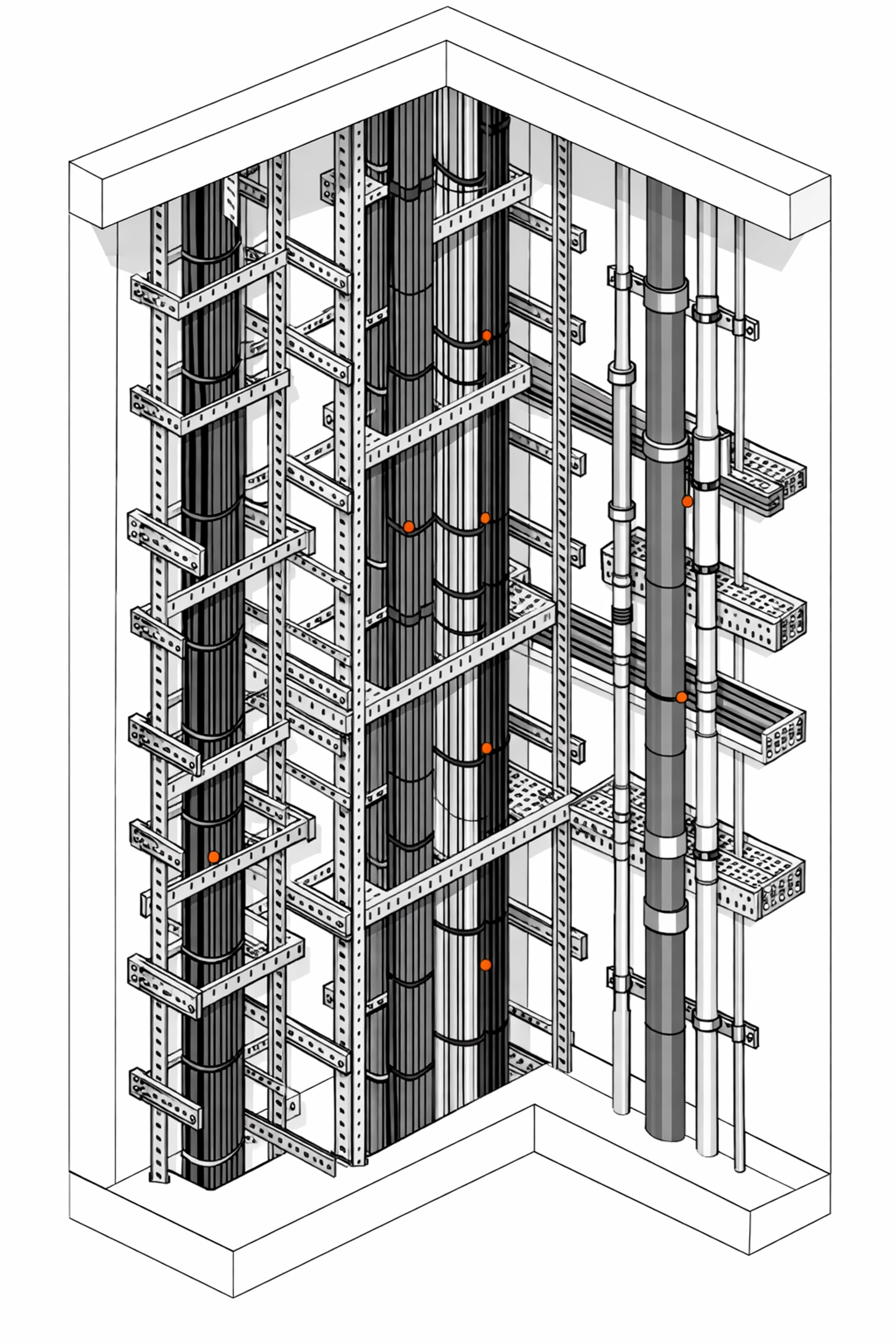 Isometrische Ansicht professioneller Steigleitungen für die Elektrotechnik-Infrastruktur in Wien.