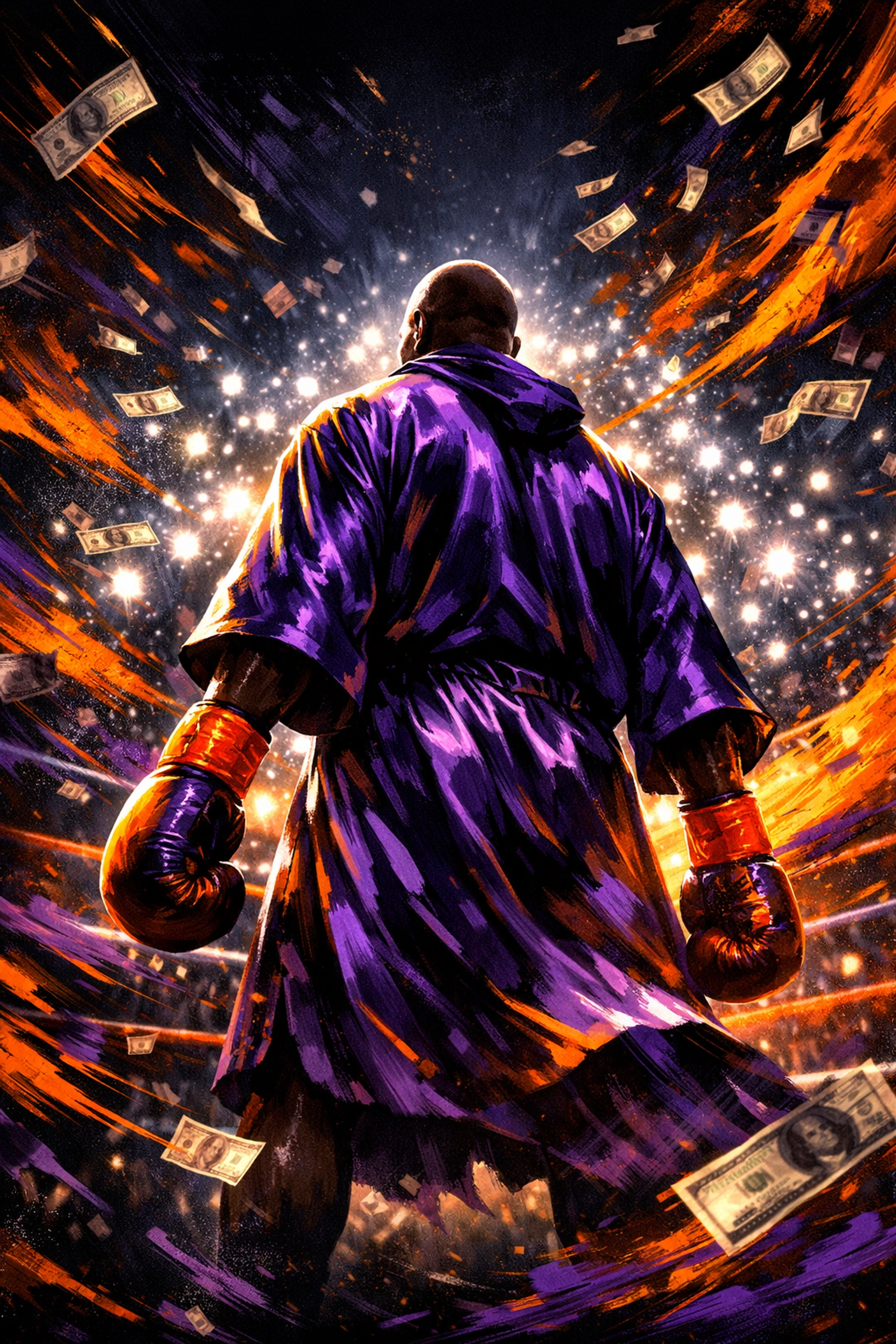 Legendary boxer in a shimmering robe inside a neon arena, symbolizing the lucrative exhibition era.