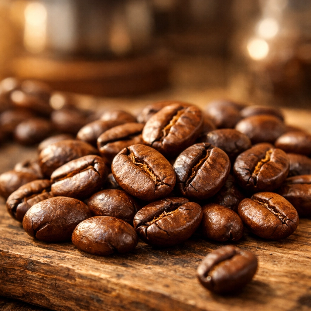 Freshly roasted Colombian coffee beans with caramel and chocolate tones on wooden surface
