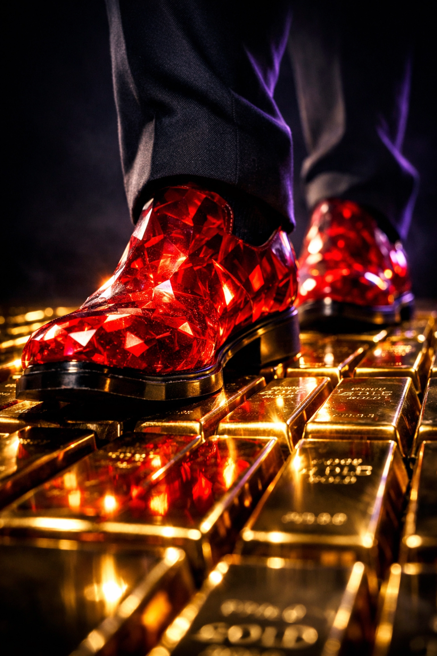 Glowing ruby slippers on a yellow brick road made of gold bars symbolizing private financial power.