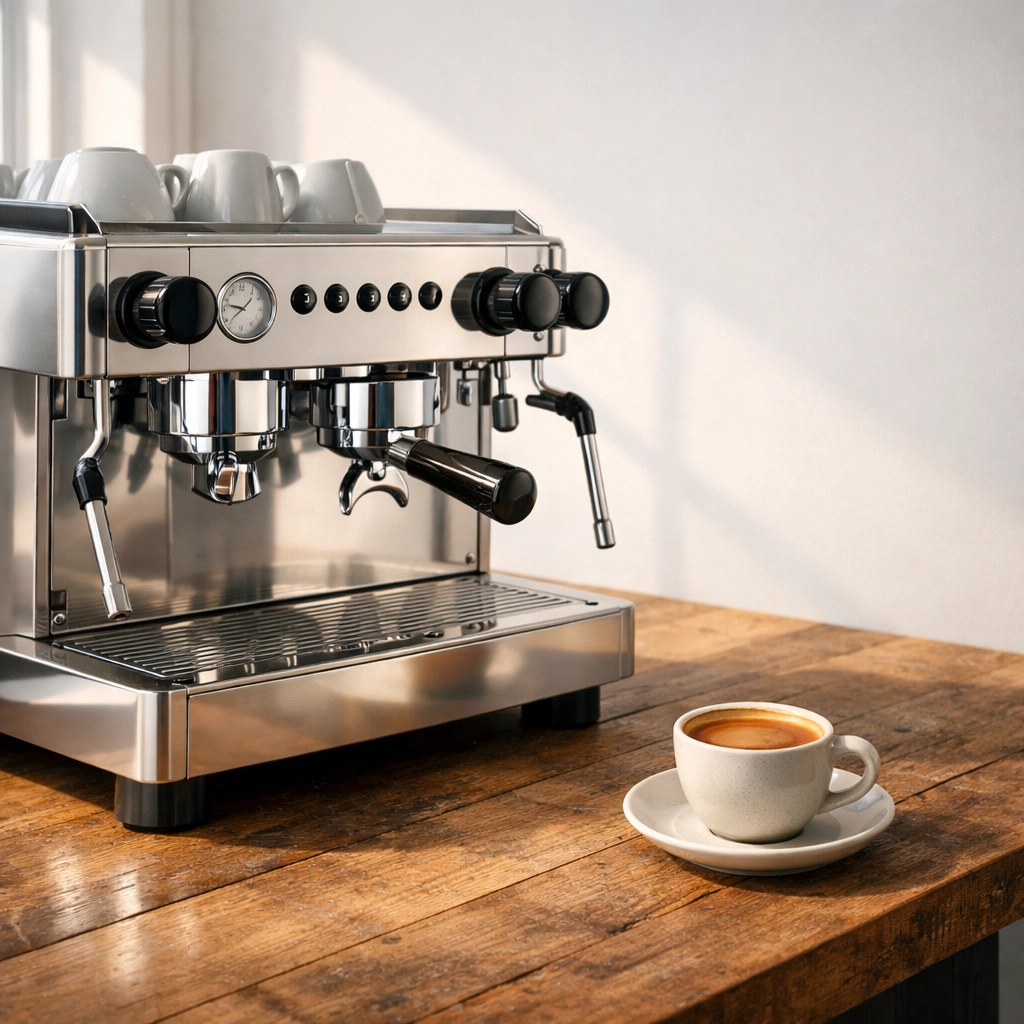 High-end espresso machine and fresh coffee, illustrating wholesale equipment options and support.