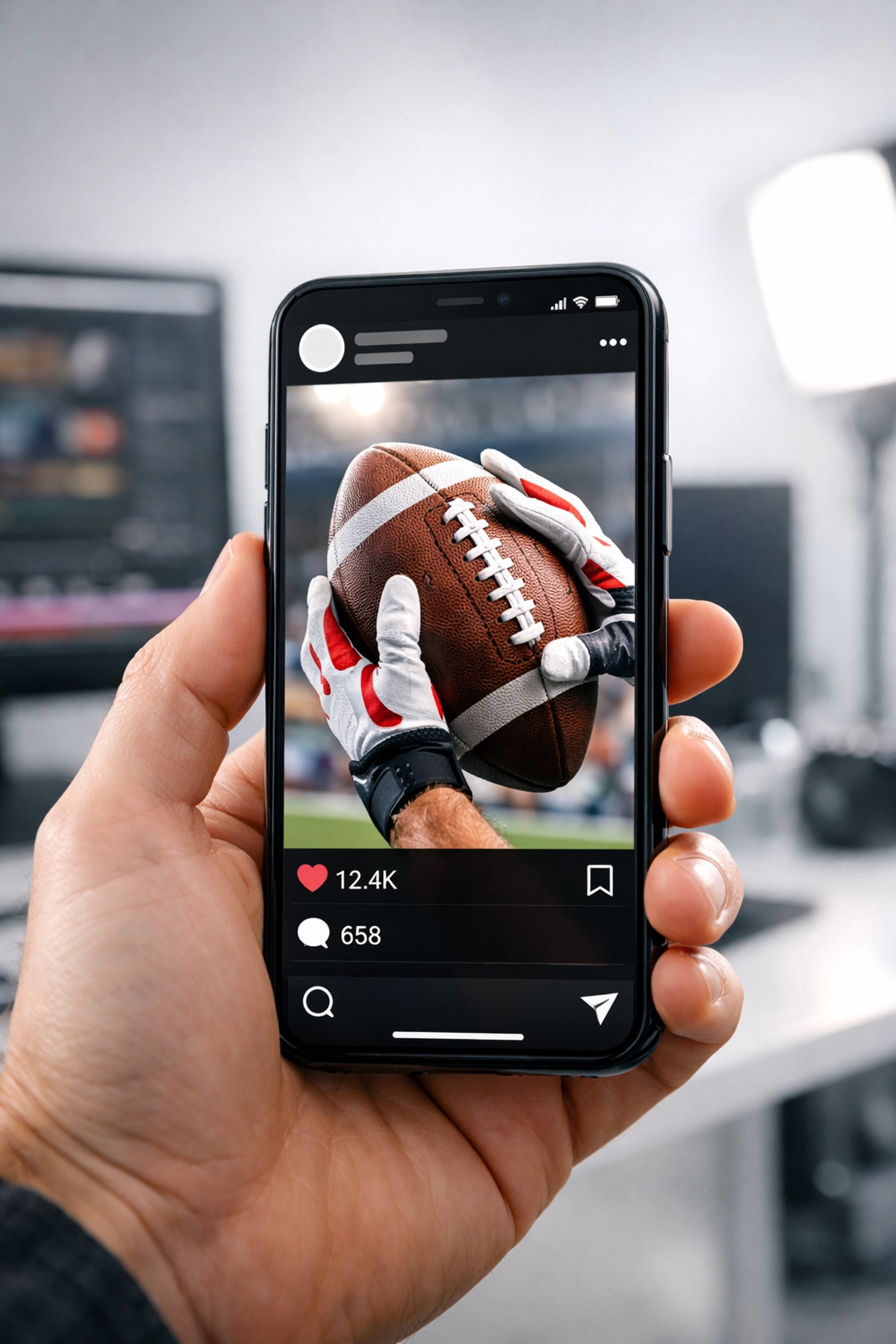 Smartphone displaying social media sports marketing content in a professional production studio.