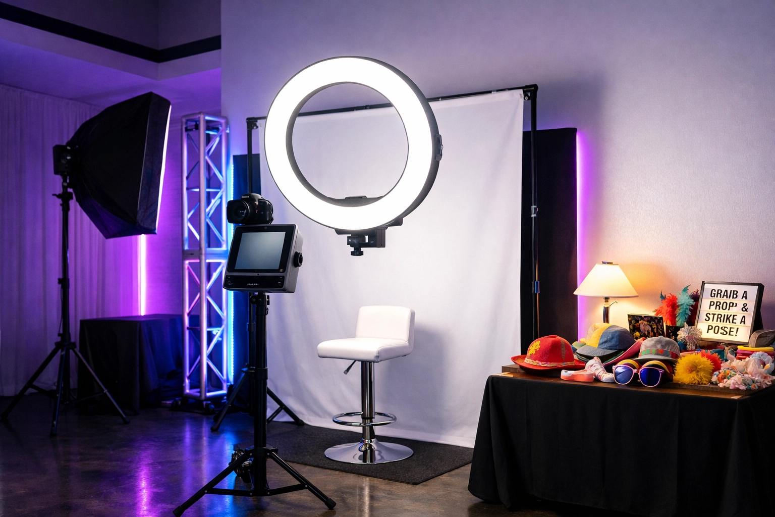 Photo booth with layered lighting setup showing ring light, LED accents, and task lighting