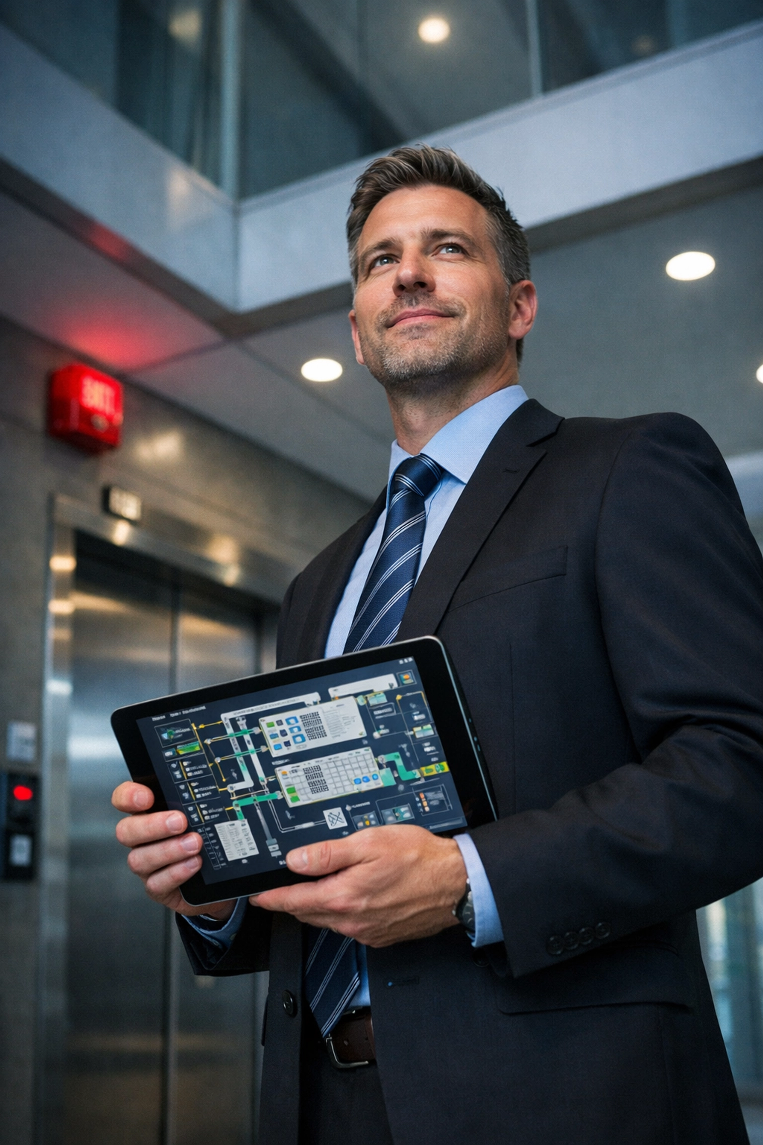 Property manager reviewing fire safety and building systems on tablet in commercial building lobby
