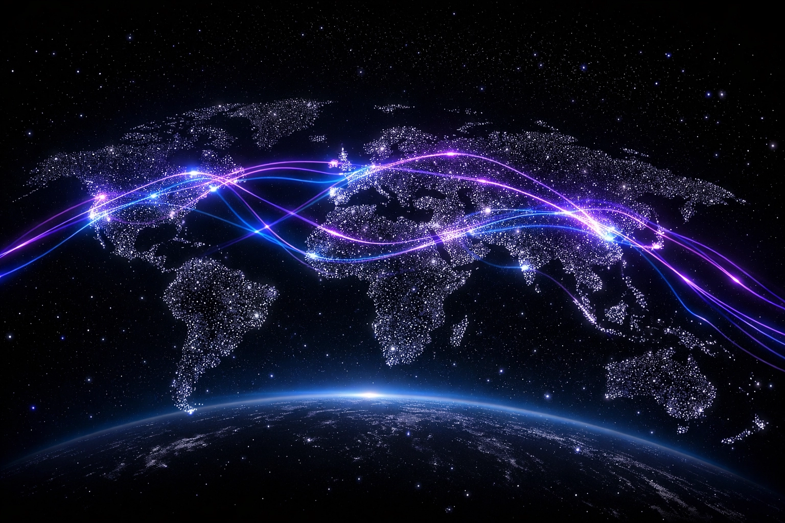 Abstract digital map showing global payment flows and high-speed financial infrastructure.